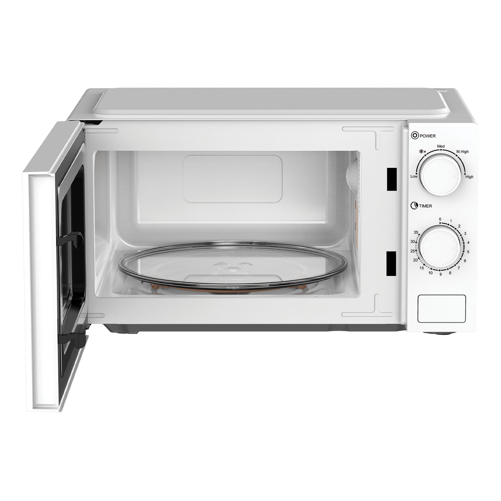 The Igenix IGMS02071W is a white 20L manual microwave with a 700W output, featuring two control dials for power and a 35-minute timer, plus an open door revealing the glass turntable inside.