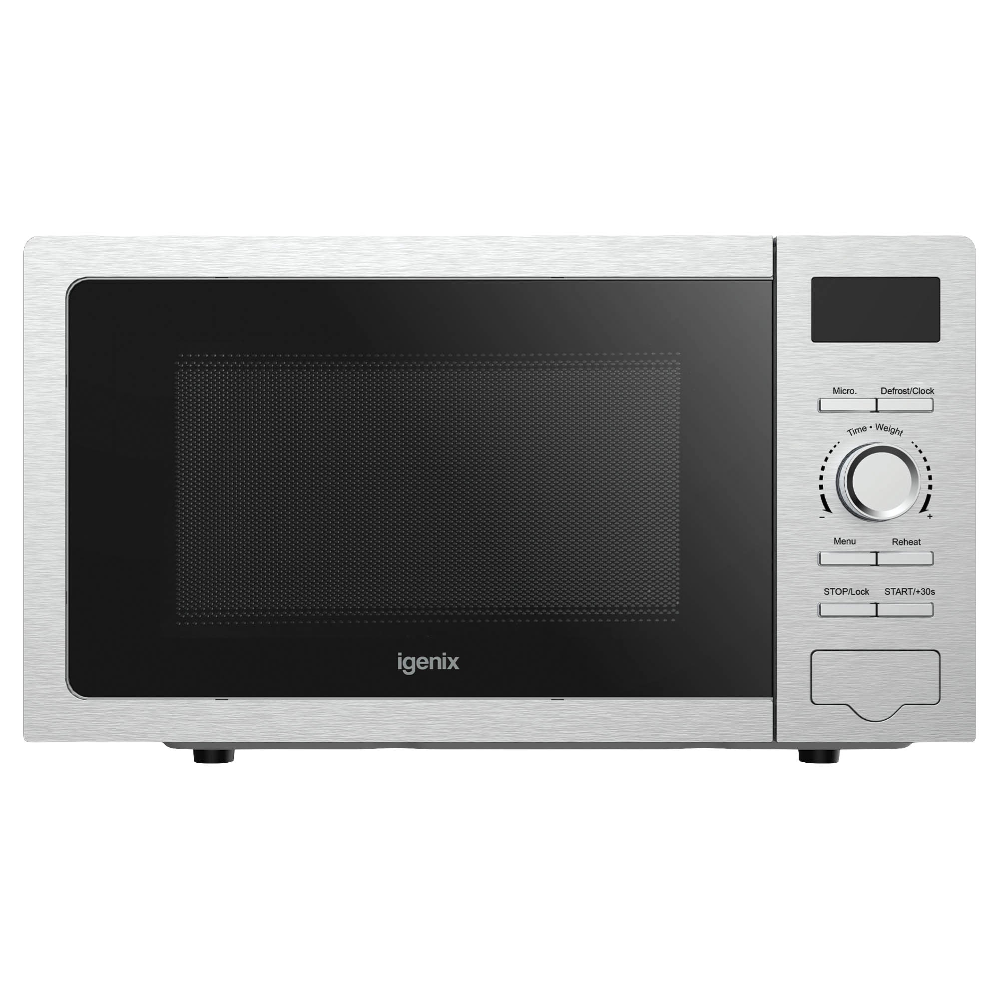 The Igenix Digital Microwave (IGMS02080SS) features a 20-litre capacity, stainless steel finish with a black front door, and a sleek digital display. Equipped with control buttons and a round knob on the right side, this modern appliance offers 5 power settings and delivers 800W of cooking power for efficient meal preparation.