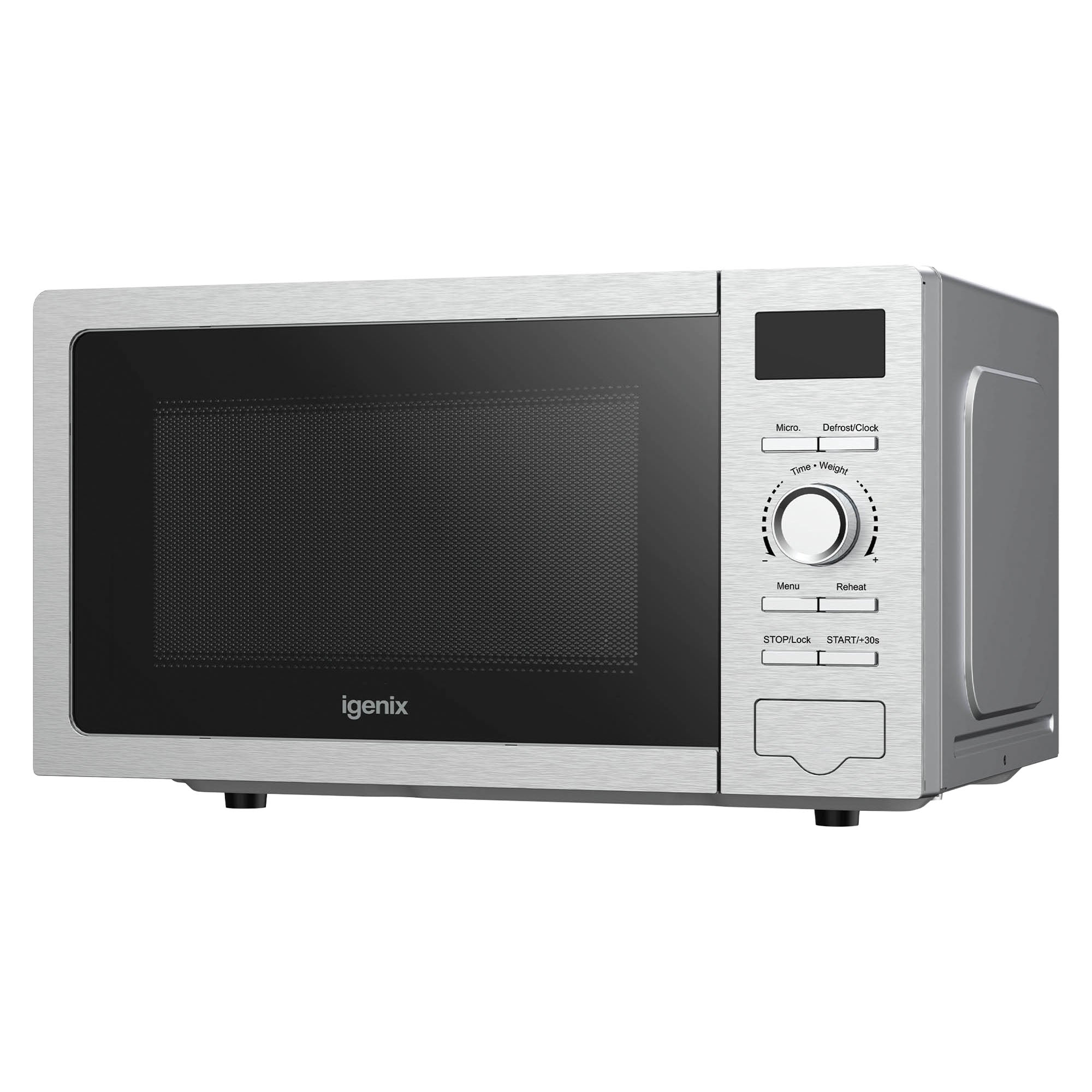 An Igenix Digital Microwave (model IGMS02080SS), featuring a 20-litre capacity, 800W power, stainless steel finish, digital display, and control knobs, is displayed on a white background.