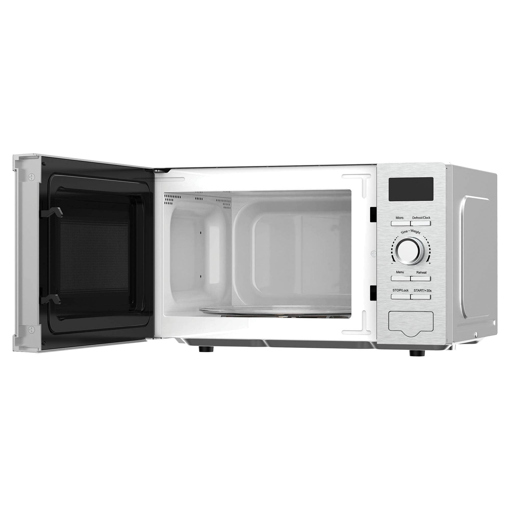 An Igenix Digital Microwave (IGMS02080SS), featuring a 20-litre stainless steel body, is shown with its door open—revealing the empty interior, glass turntable, and a control panel with multiple buttons and a dial on the right side.