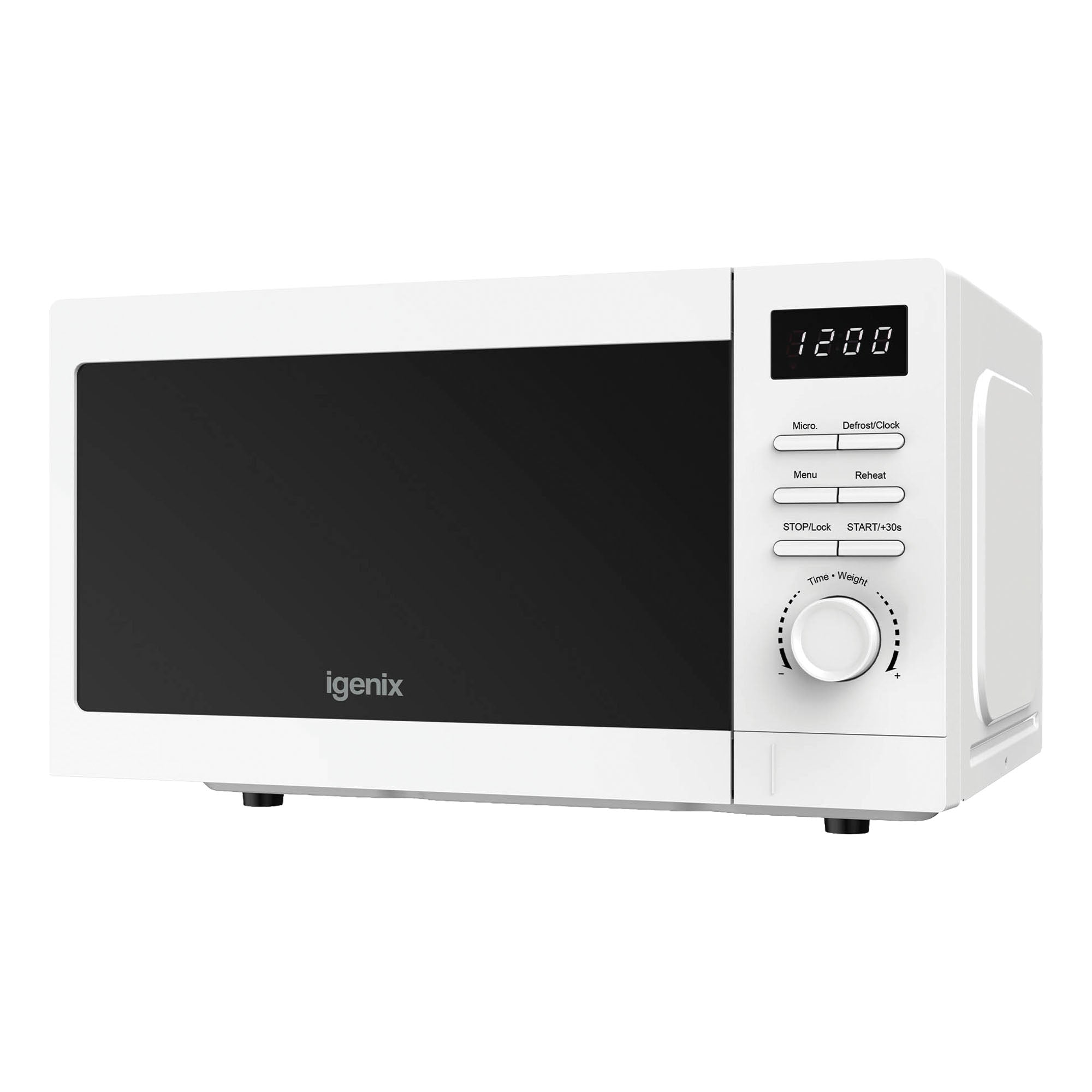 The Igenix IGMS02080W is a white 20L digital microwave with 800W power, 5 settings, a black door, digital display showing 12:00, control buttons, and a rotary dial on the right side.