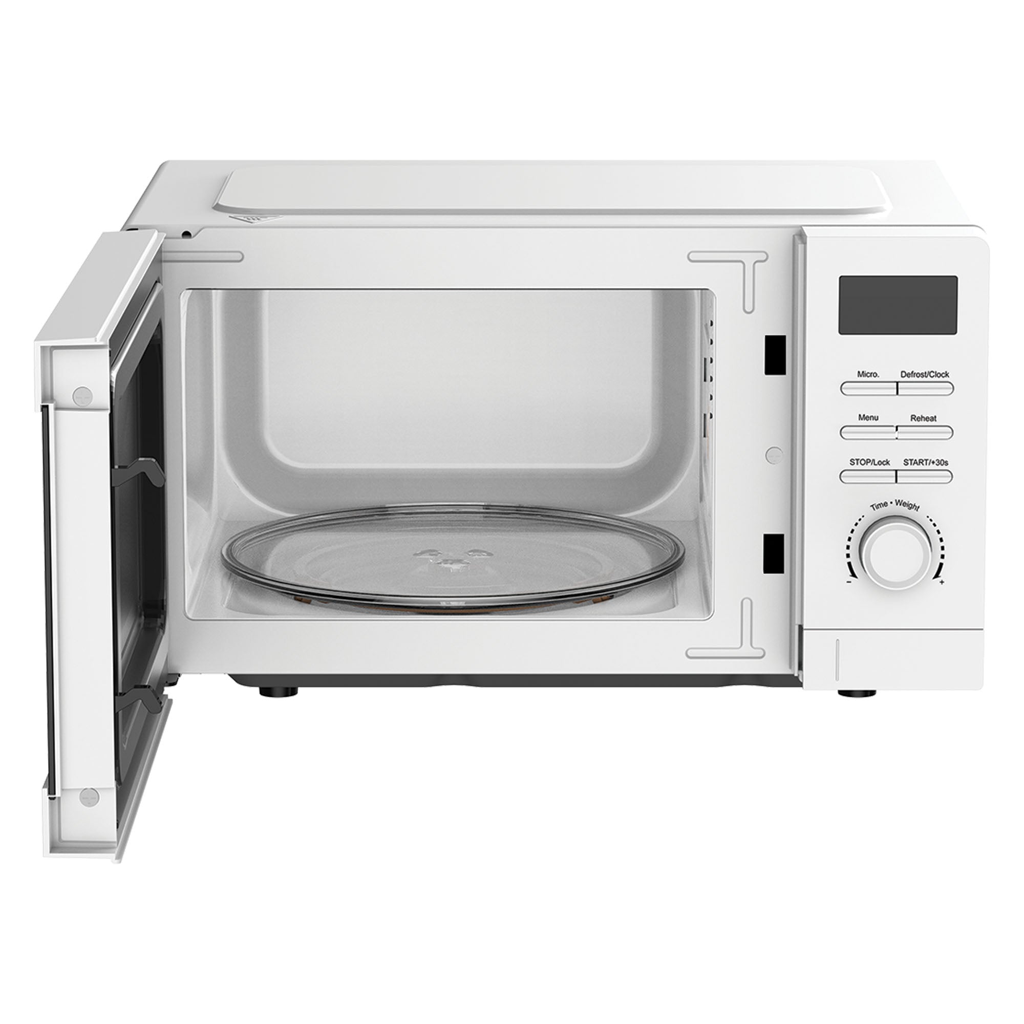 The Igenix IGMS02080W is a white 800W digital microwave with a 20L interior and glass turntable. The right-side control panel features buttons, a digital display, rotary dial, and offers 5 power settings.