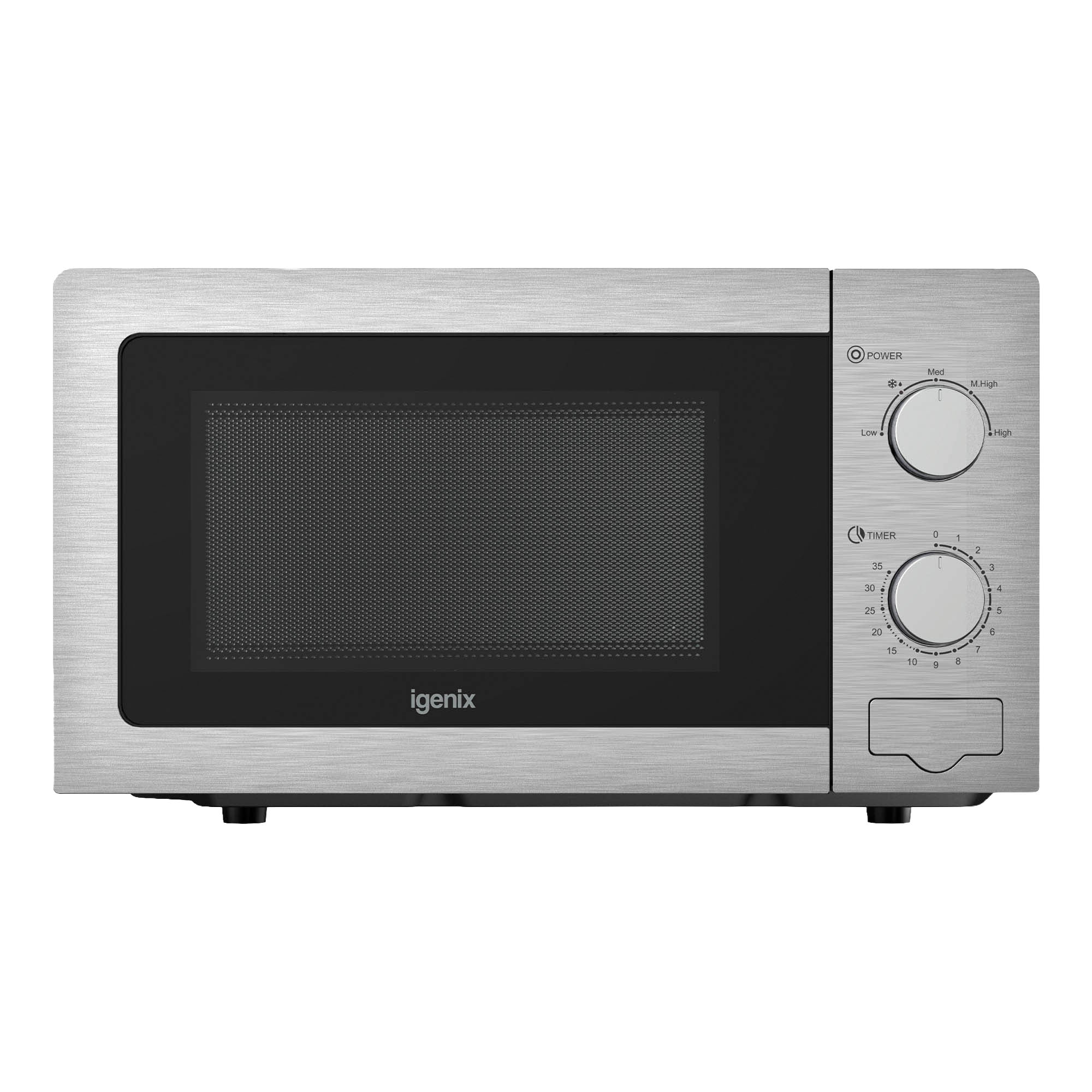 The Igenix IGMS02081SS is a 20L stainless steel manual microwave with 800W power, 5 settings, and two control dials for easy adjustment.