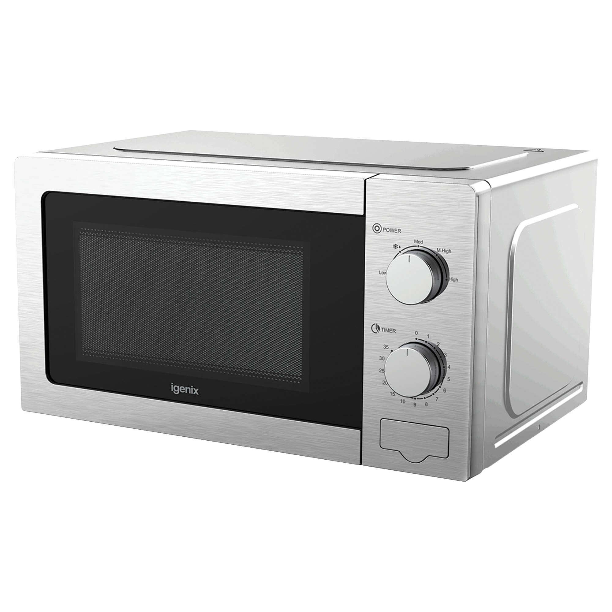The Igenix Manual Microwave IGMS02081SS features a stainless steel body, black front door, two manual dials, side handle, 20L capacity, 5 power settings, and 800W power, pictured on a plain white background.