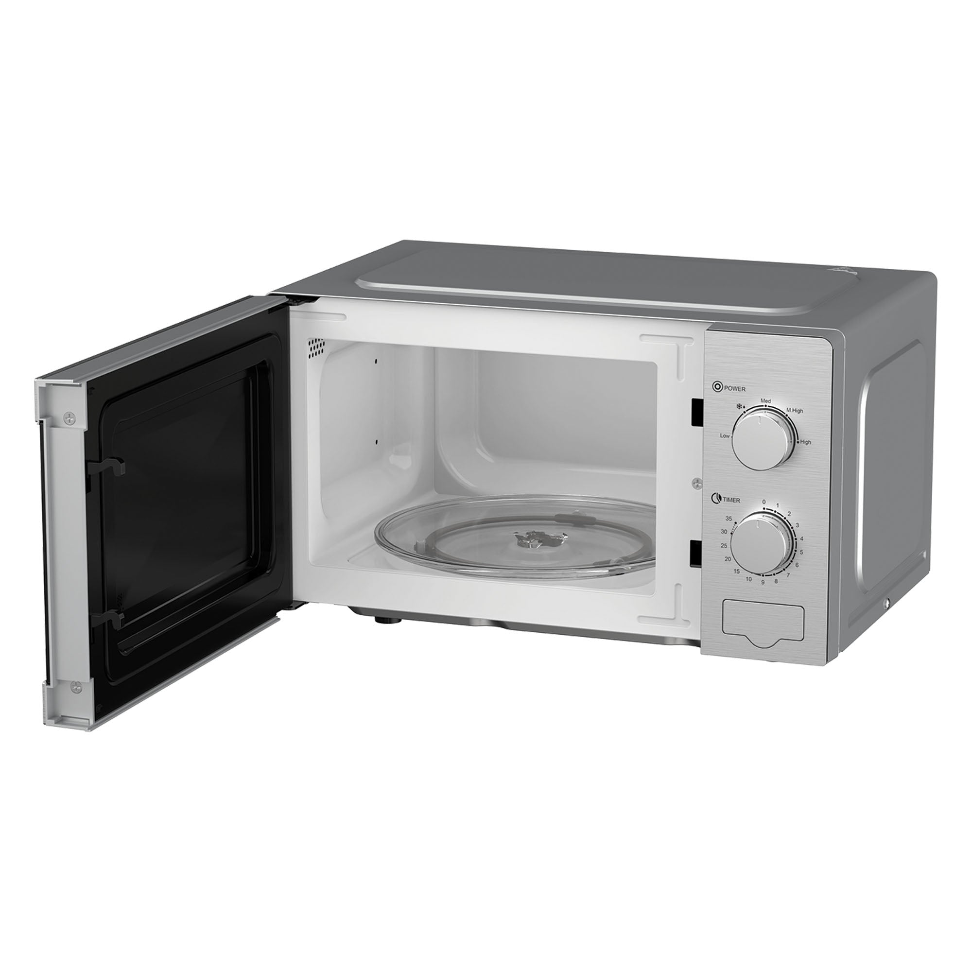 The Igenix IGMS02081SS Manual Microwave (20L, 800W) features a stainless steel finish, two control knobs, a button, and an open door showing its empty interior with a glass turntable. It offers 5 power settings for flexible cooking.