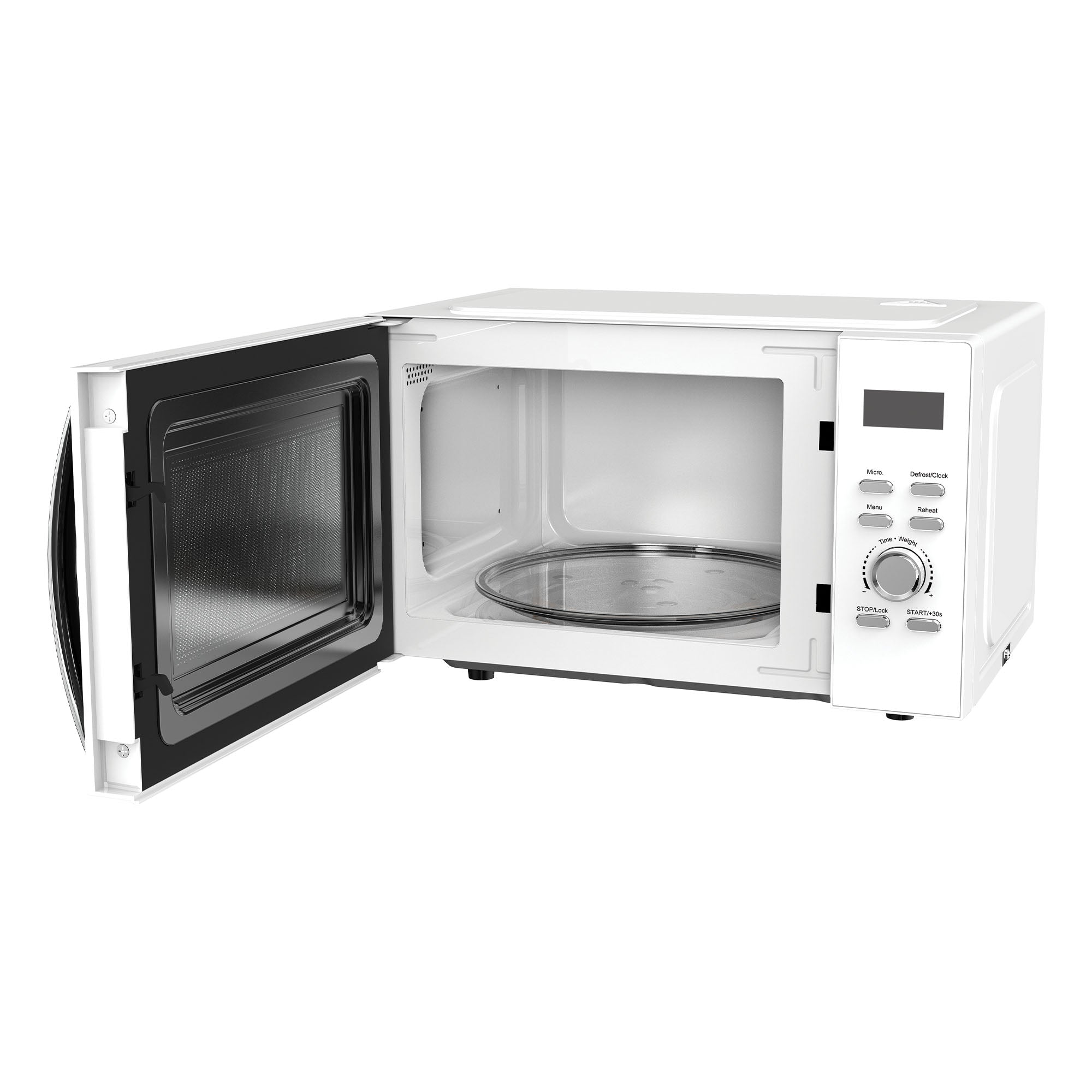 The Igenix IGMS03090W Digital Microwave, 30 Litre, 950W in white, is shown with its door open, revealing the empty interior and glass turntable. The control panel with buttons and digital display appears on the right.
