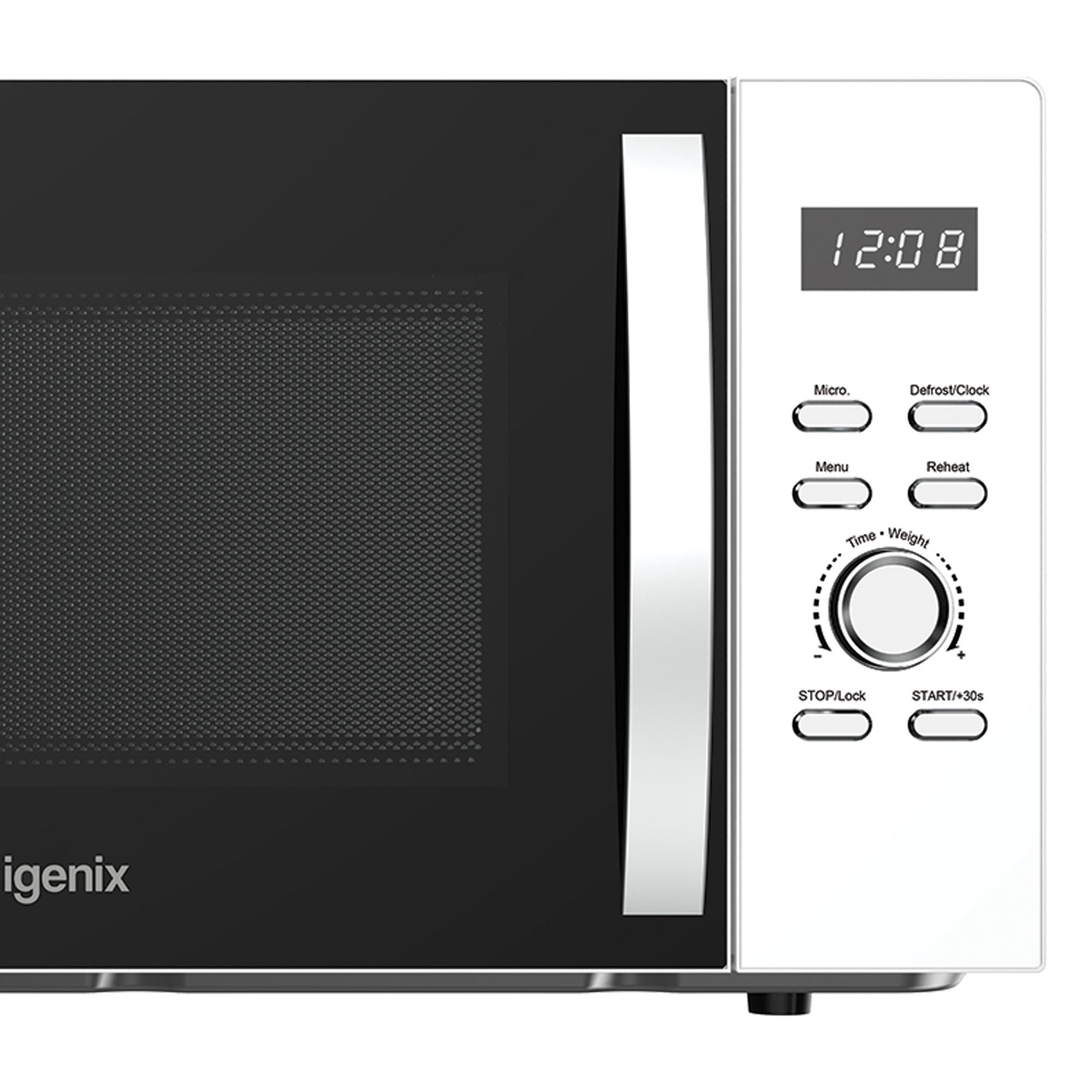A close-up of the Igenix IGMS03090W Digital Microwave, 30L, 950W, with a black door and white control panel featuring a display showing 12:08, several buttons, and a timer dial.