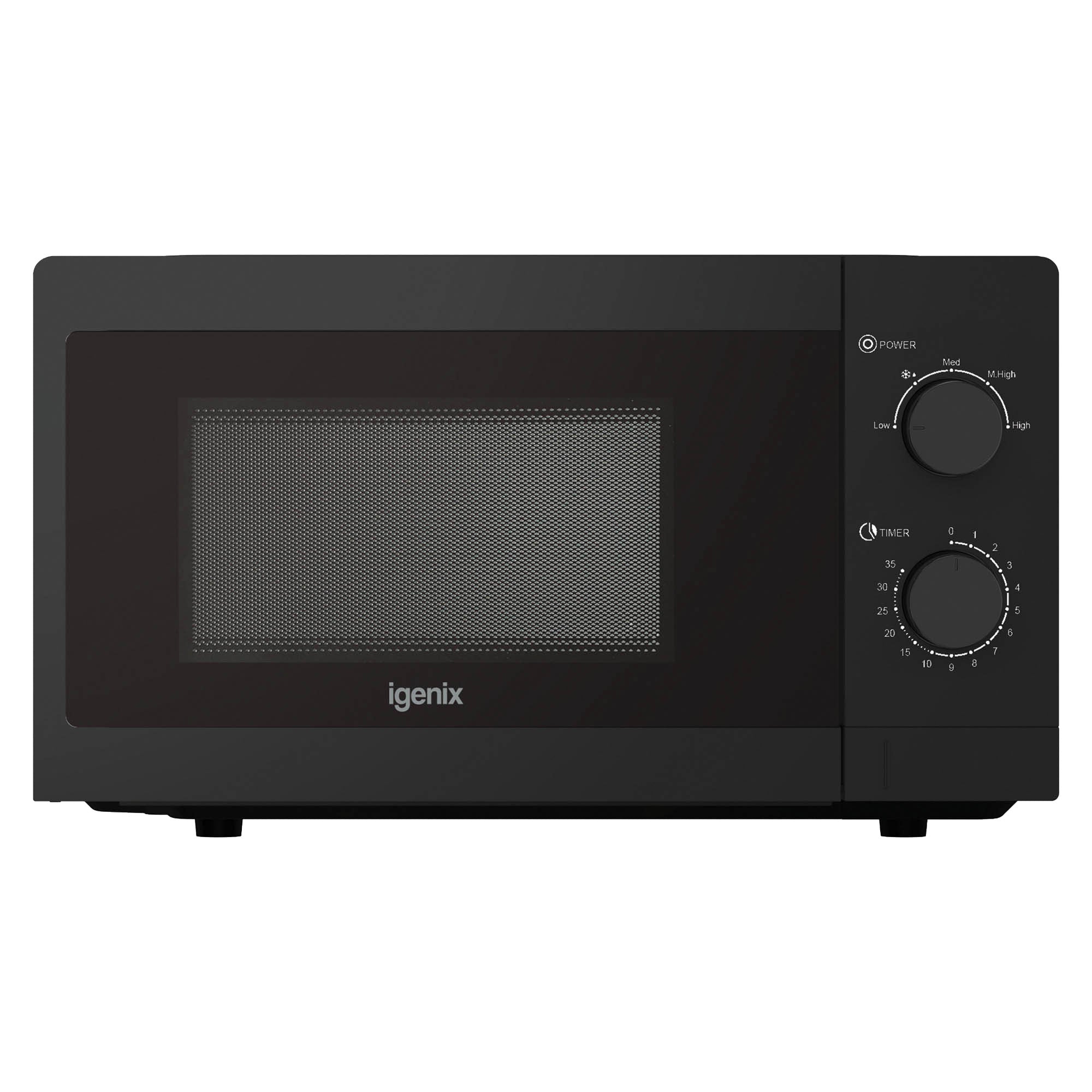 The Igenix IGMS08080B is a black 800W manual microwave with a 20L capacity, 5 power settings, front glass door, two side dials for power and timer control, and four small feet for stability.