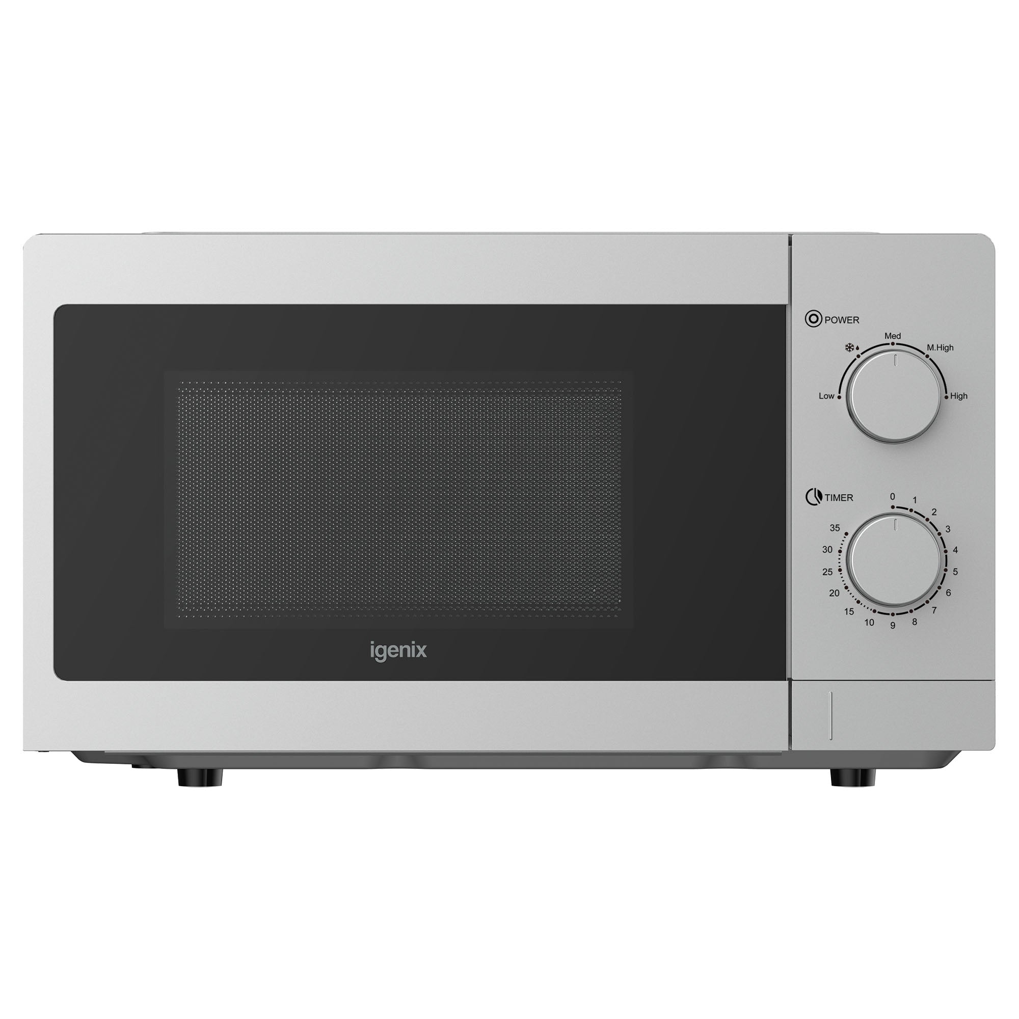 The Igenix IGMS08080S Manual Microwave features 800W power, 5 settings, a 20L capacity, two control dials, and a stylish silver design with a black windowed door—practical and sleek for any kitchen.