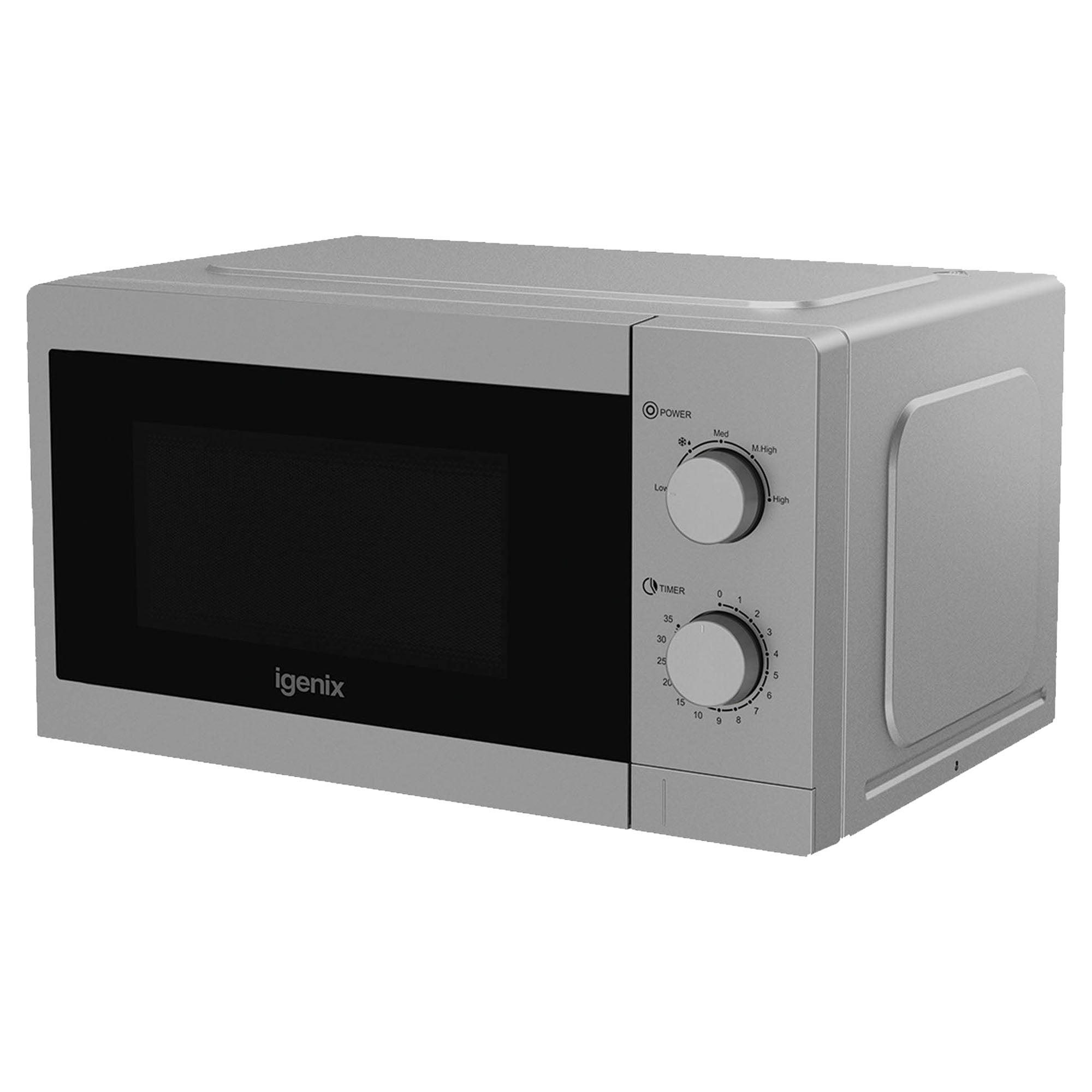 The Igenix IGMS08080S is a silver 20L manual microwave with 800W power, 5 power settings, two right-side dials for control, and a modern design.