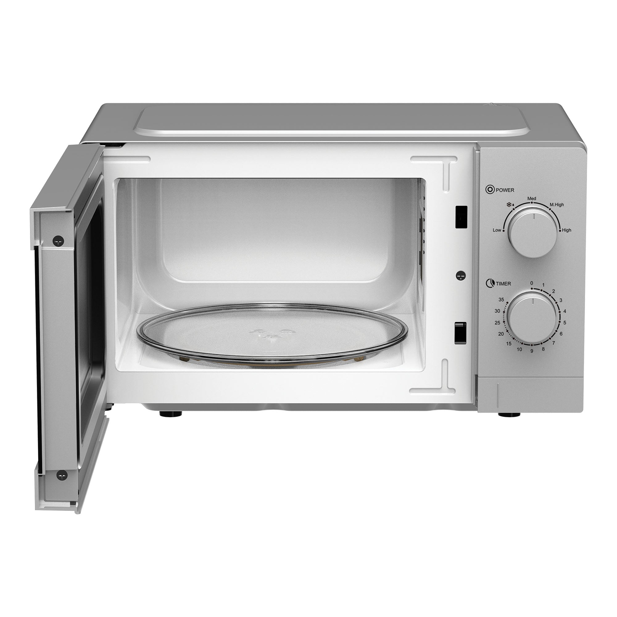 The Igenix IGMS08080S is a silver 20L manual microwave with a white interior, glass turntable, and two dials for 5 power settings and timer. It delivers 800W power. The door is open to show the empty space inside.