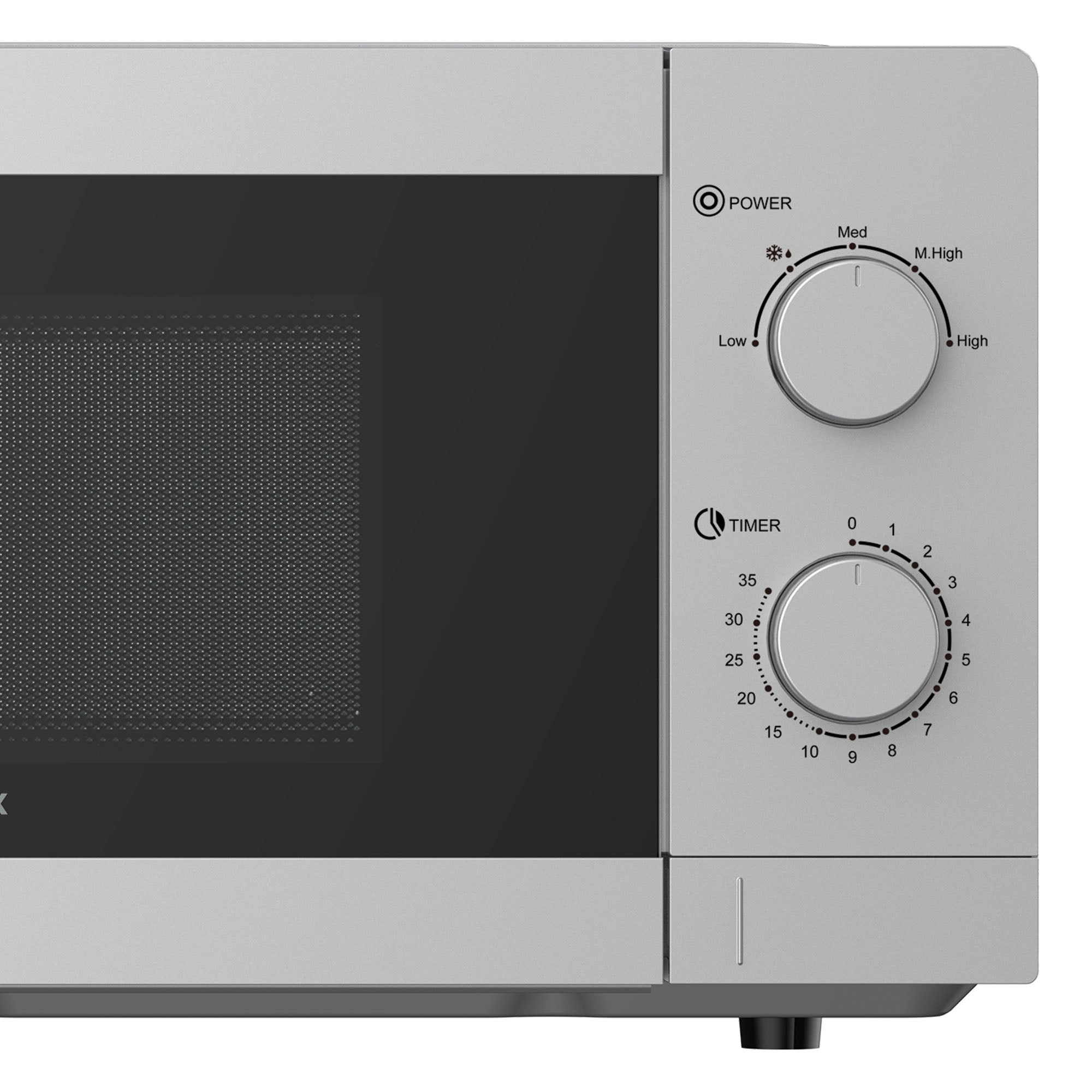 Close-up of the Igenix IGMS08080S Manual Microwave (20L, 800W, Silver) with two control dials for 5 power settings and timer, with part of the door and mesh window visible on the left.