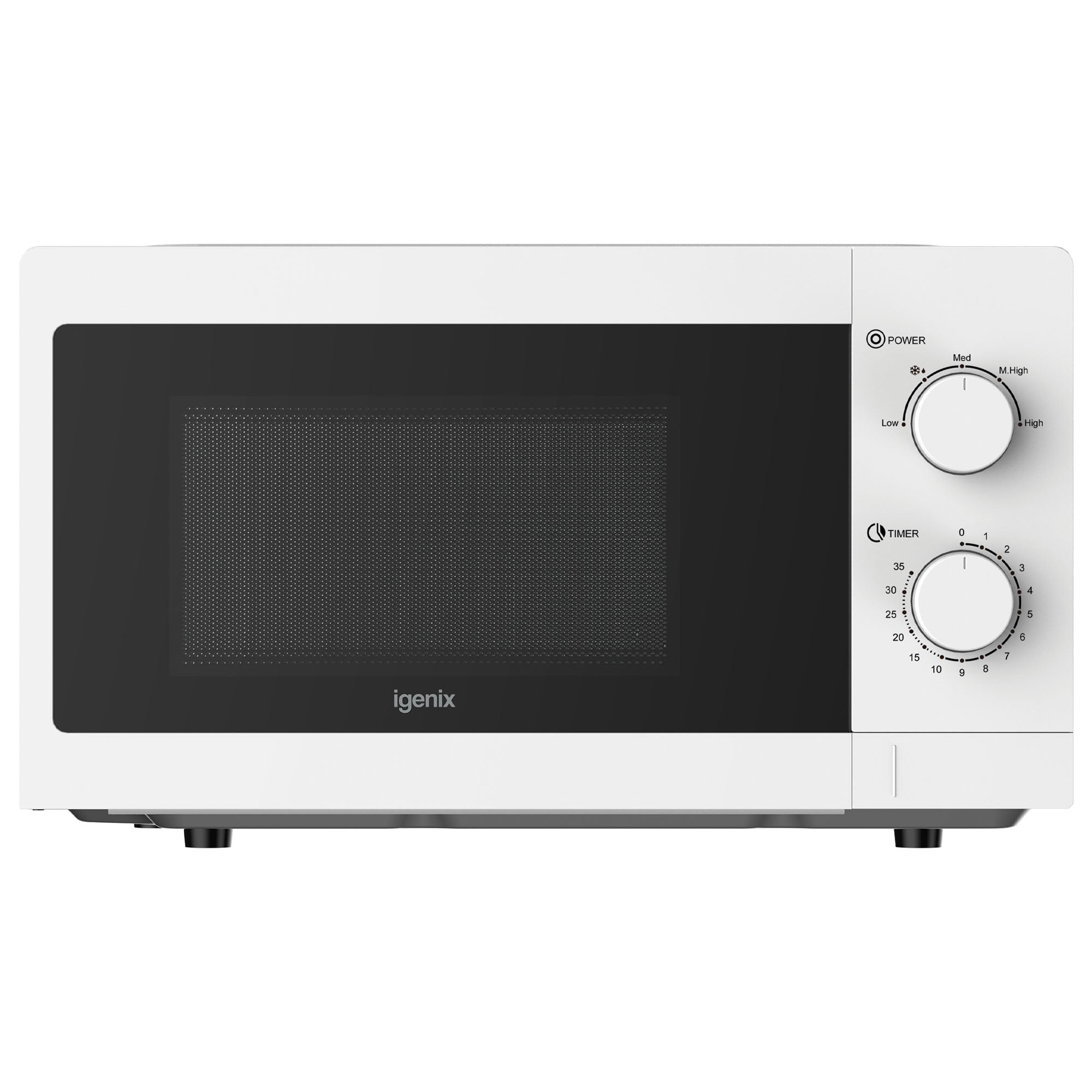 The Igenix IGMS08080W is a white 20L manual microwave with 800W power, 5 power settings, and two control dials on the right for easy operation.