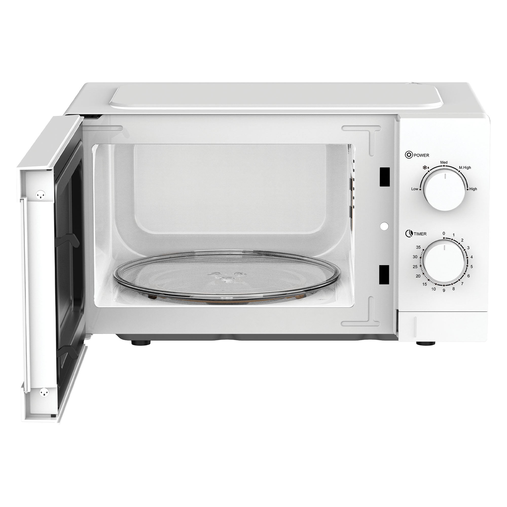 The Igenix IGMS08080W is a 20L white manual microwave with an 800W output, featuring a glass turntable and two dials for 5 power settings and timer control.