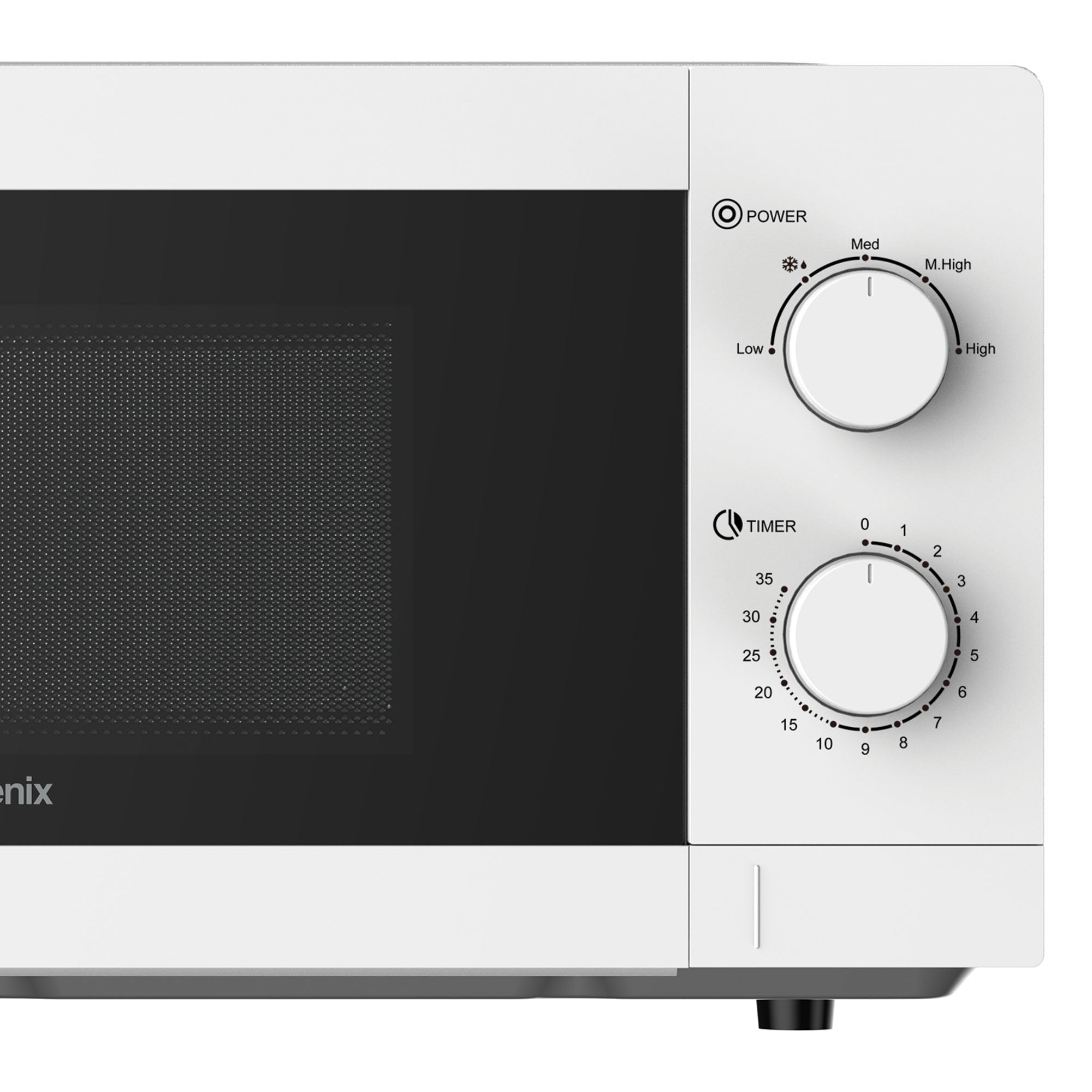 A close-up of the Igenix Manual Microwave IGMS09434W (20L, 700W, white), featuring two control dials for 5 power settings and timer on the right, and a dark windowed door on the left.