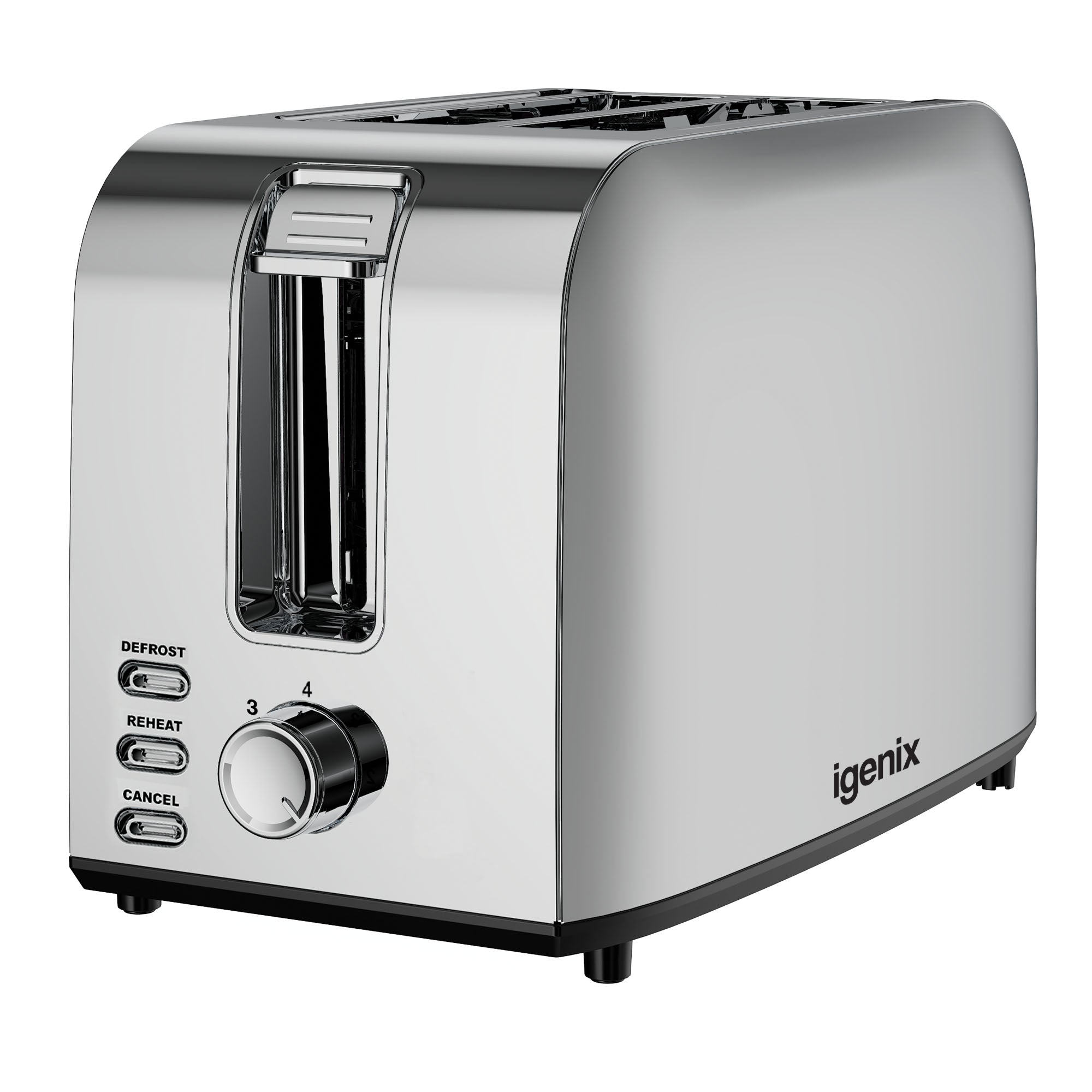 The Igenix 750W 2 Slice Toaster, Stainless Steel, features wide slots, a browning control dial, and defrost, reheat, and cancel buttons on the front panel.
