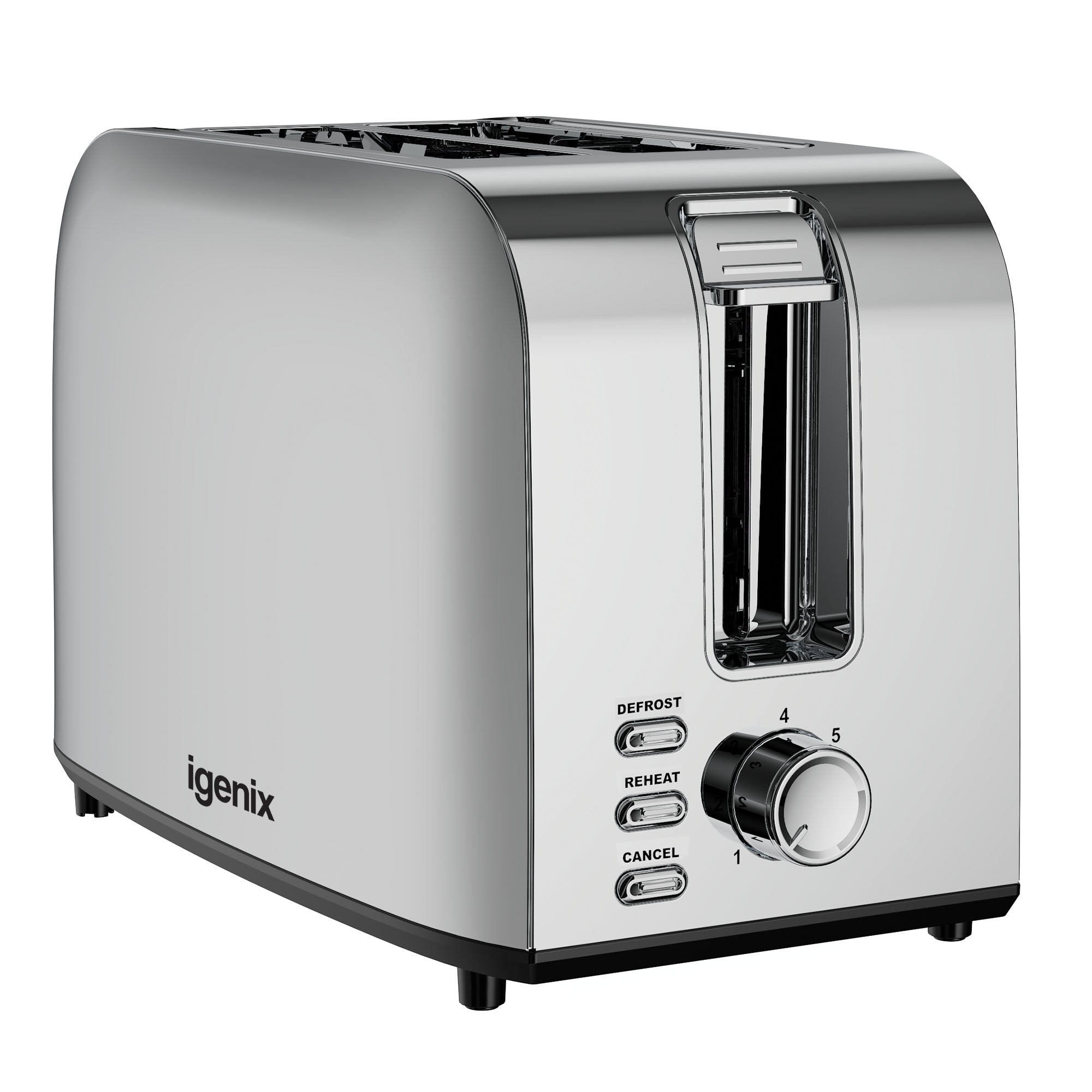 The Igenix 750W 2 Slice Toaster, Stainless Steel, has wide slots, a lever, numbered dial, and front buttons for defrost, reheat, and cancel.