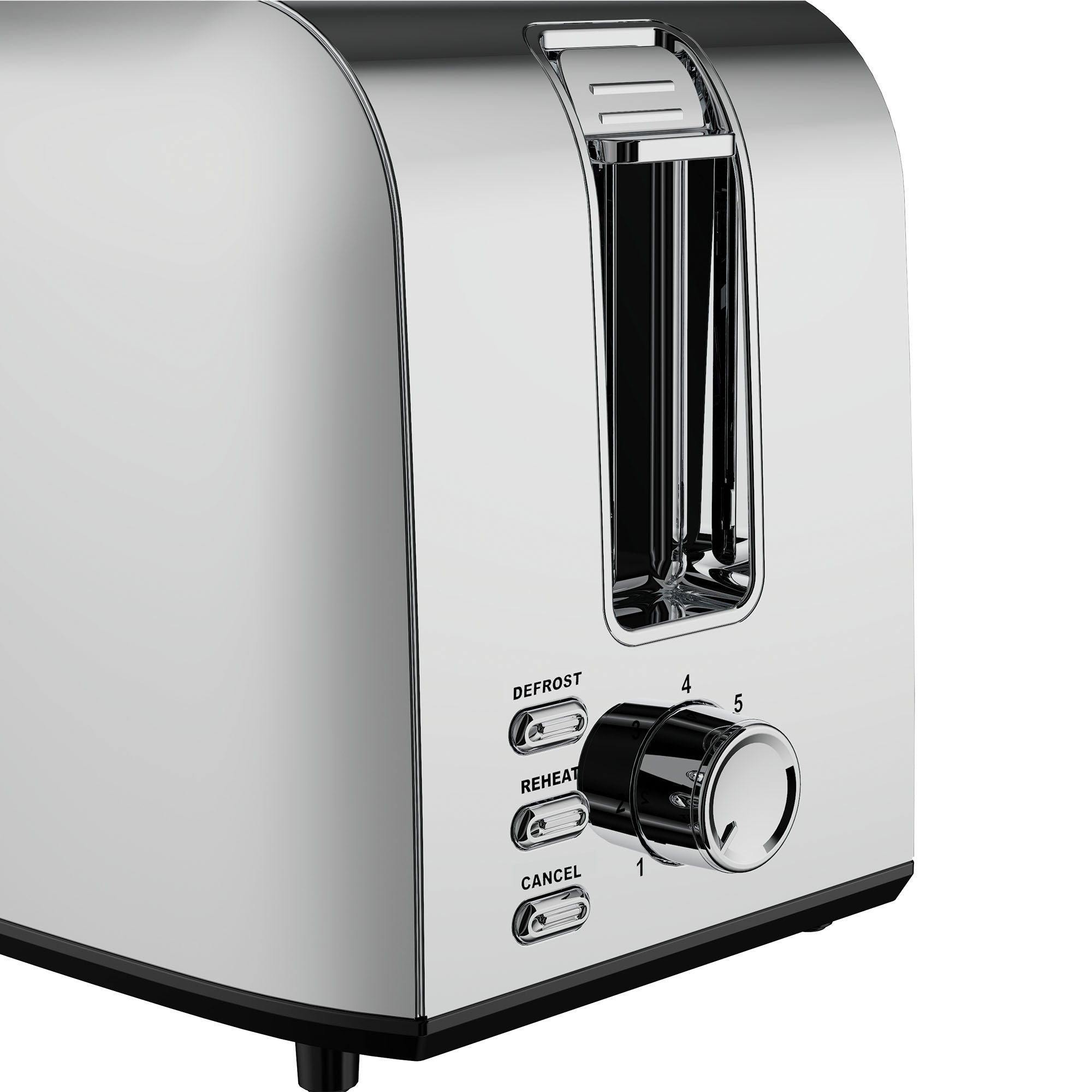 A close-up of the Igenix 750W 2 Slice Toaster in stainless steel, featuring a side lever, numbered browning dial (1-5), and three buttons: Defrost, Reheat, and Cancel.