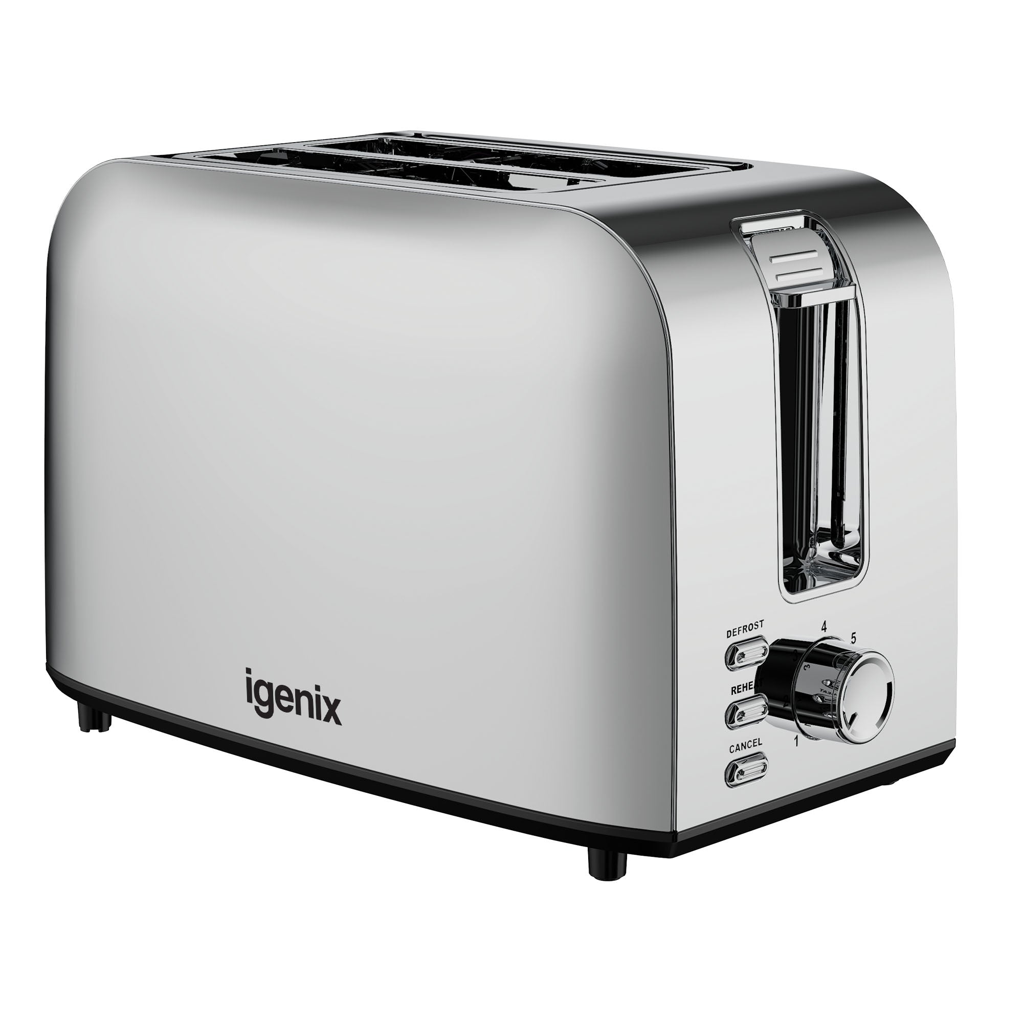 The Igenix 750W 2 Slice Toaster, Stainless Steel, features a side lever, adjustable browning knob, and buttons for defrost, reheat, and cancel functions. Shown on a white background.