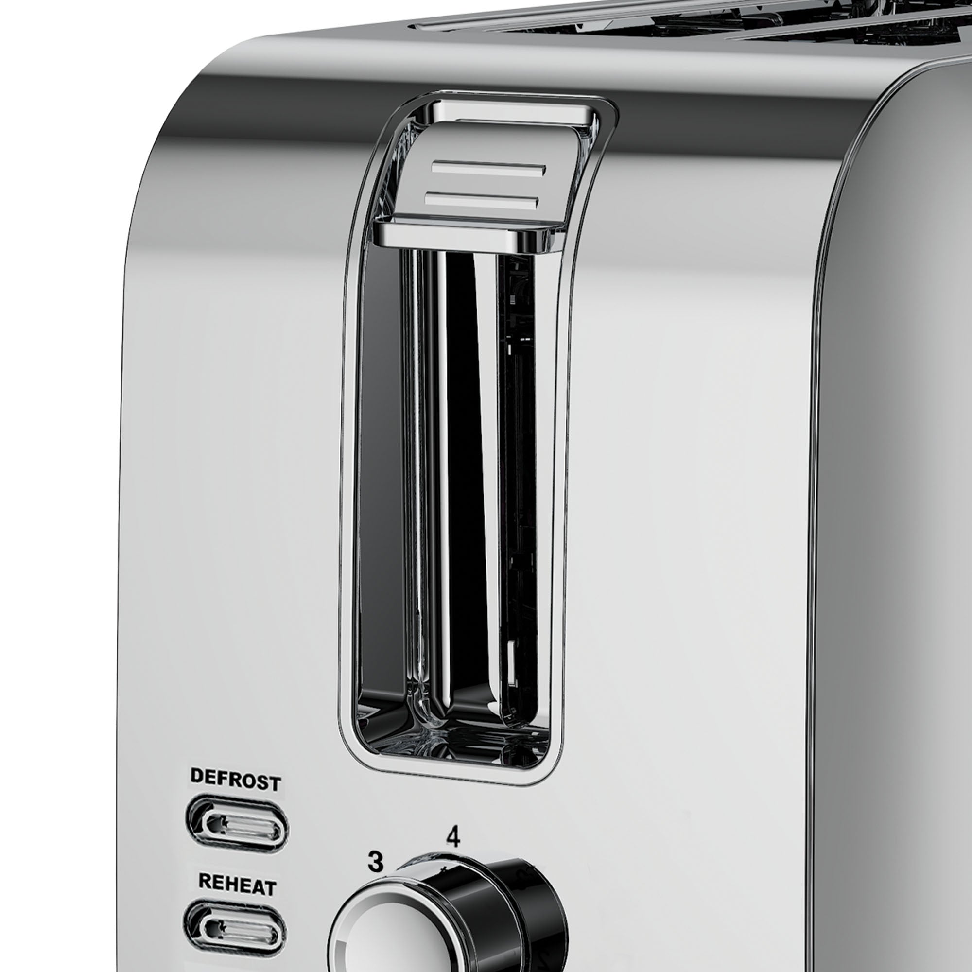 Close-up of the Igenix 750W 2 Slice Toaster in stainless steel, showing one slot. Features Defrost and Reheat buttons plus a numbered dial for adjustable browning.