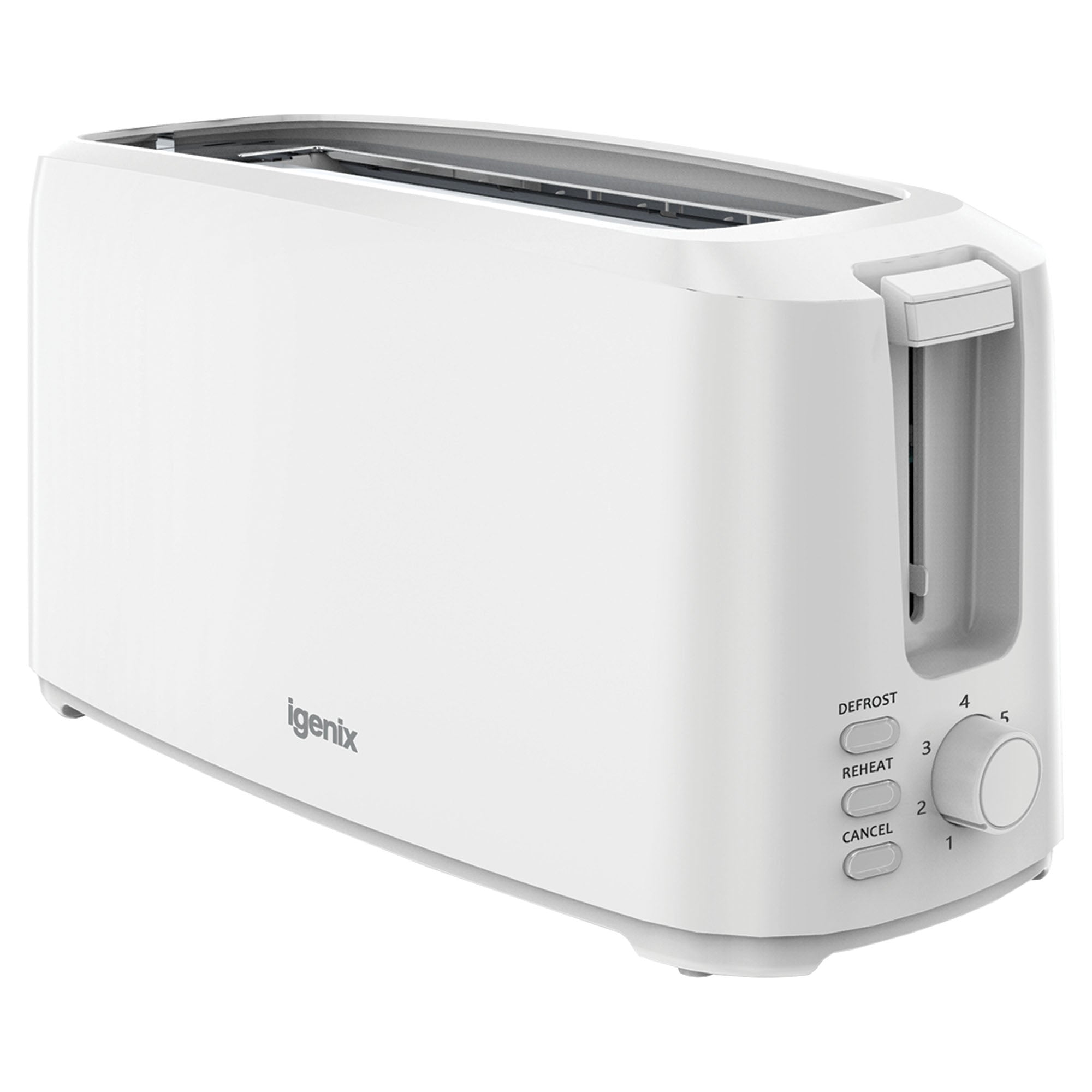 The Igenix 4 Slice Long Slot Toaster (IGT0420W) in white features a sleek, modern design with numbered dials, lever, and side buttons for defrost, reheat, and cancel. It includes variable browning settings for perfect toast every time.