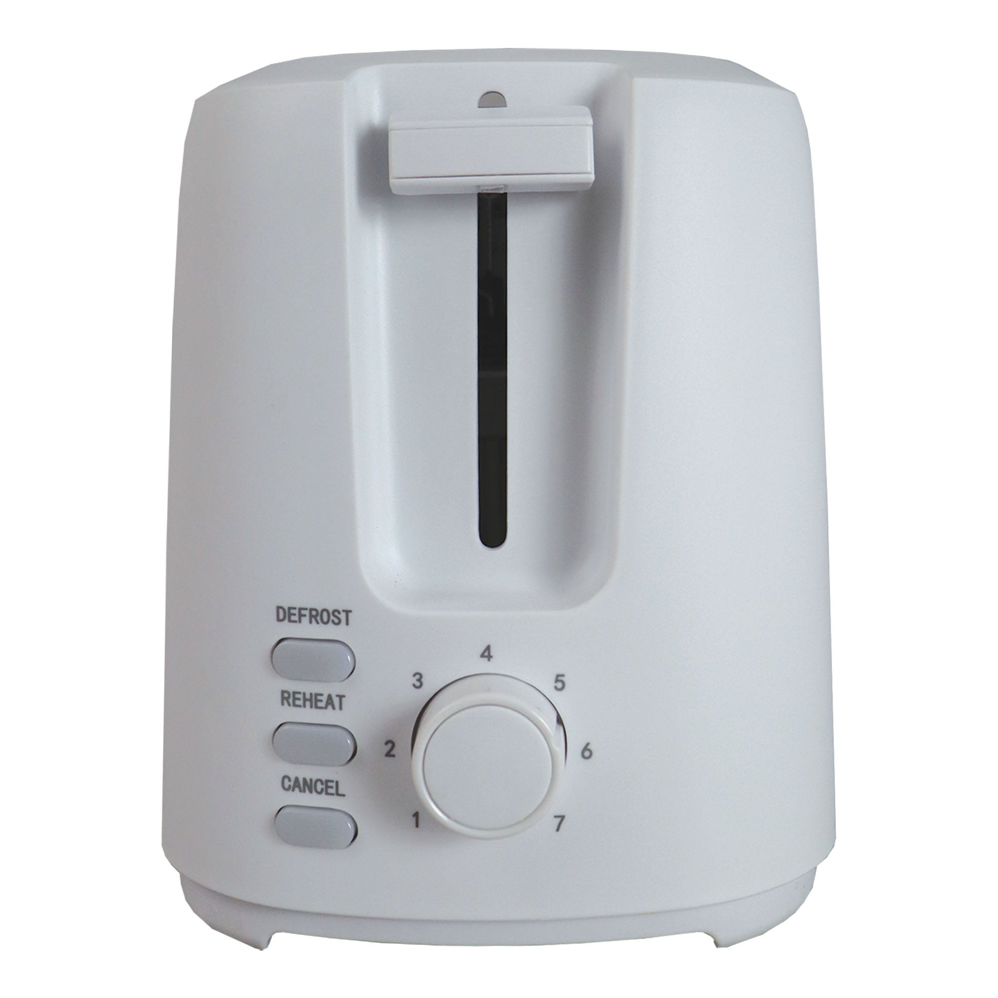The Igenix 4 Slice Long Slot Toaster (IGT0420W) in white is shown on a plain background. It has extra-long slots, a numbered dial, Defrost/Reheat/Cancel buttons, and variable browning settings for customized toasting.