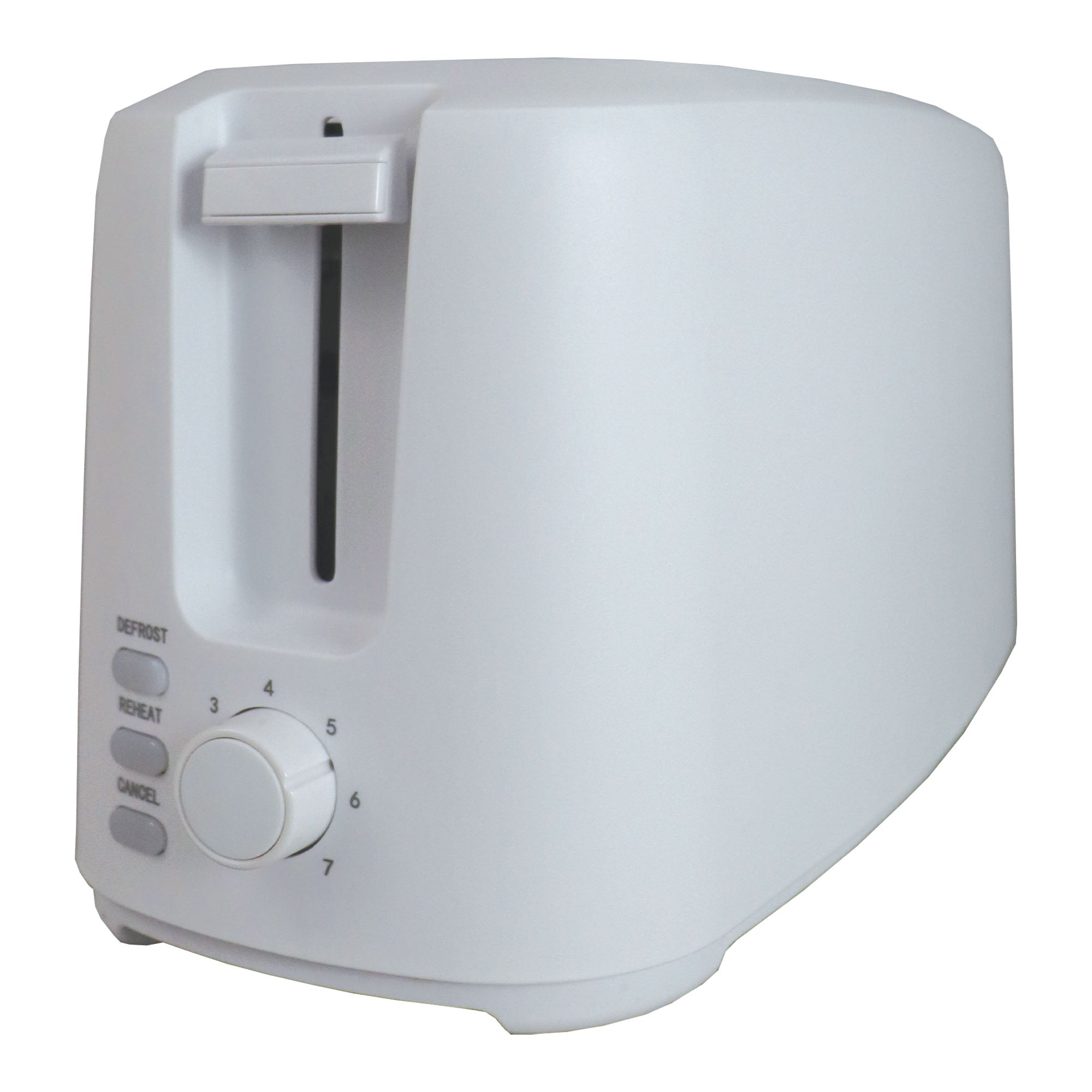 The Igenix 4 Slice Long Slot Toaster (IGT0420W) in white features extra-long slots, Defrost, Reheat, and Cancel buttons, a variable browning dial, a side lever, and a sleek modern design.
