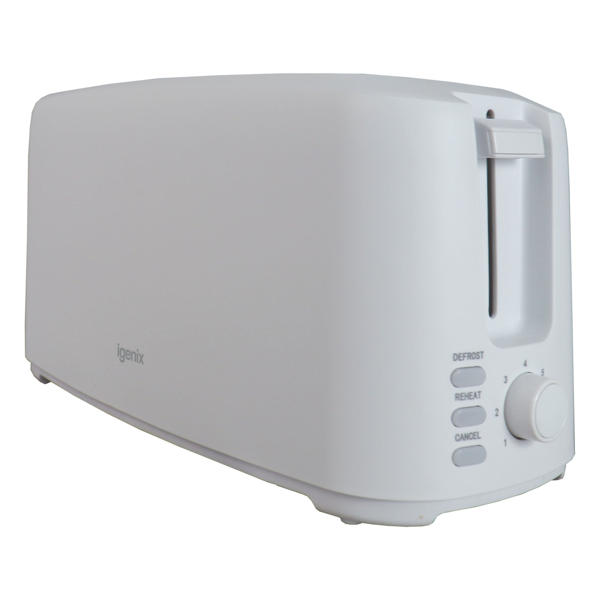 The Igenix 4 Slice Long Slot Toaster (IGT0420W) in white has a side control panel with dial and buttons for defrost, reheat, and cancel, plus variable browning settings and a modern, minimalist design.