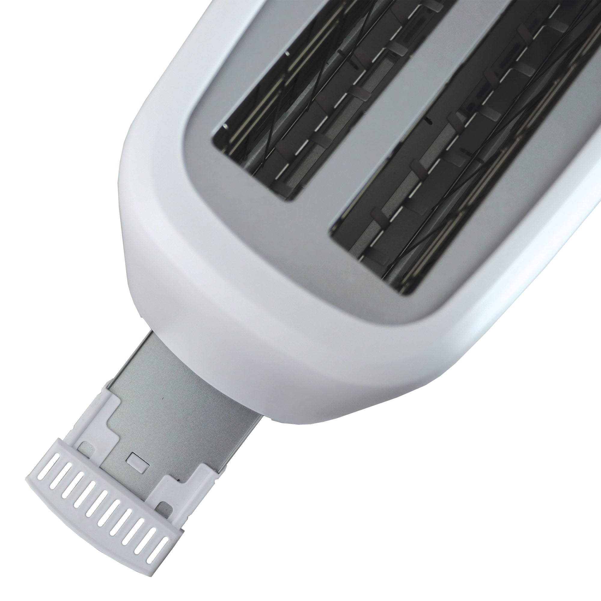 A close-up of the Igenix 4 Slice Long Slot Toaster (IGT0420W) in white, showing its partially opened crumb tray, metal interior, and extra-long bread slots.