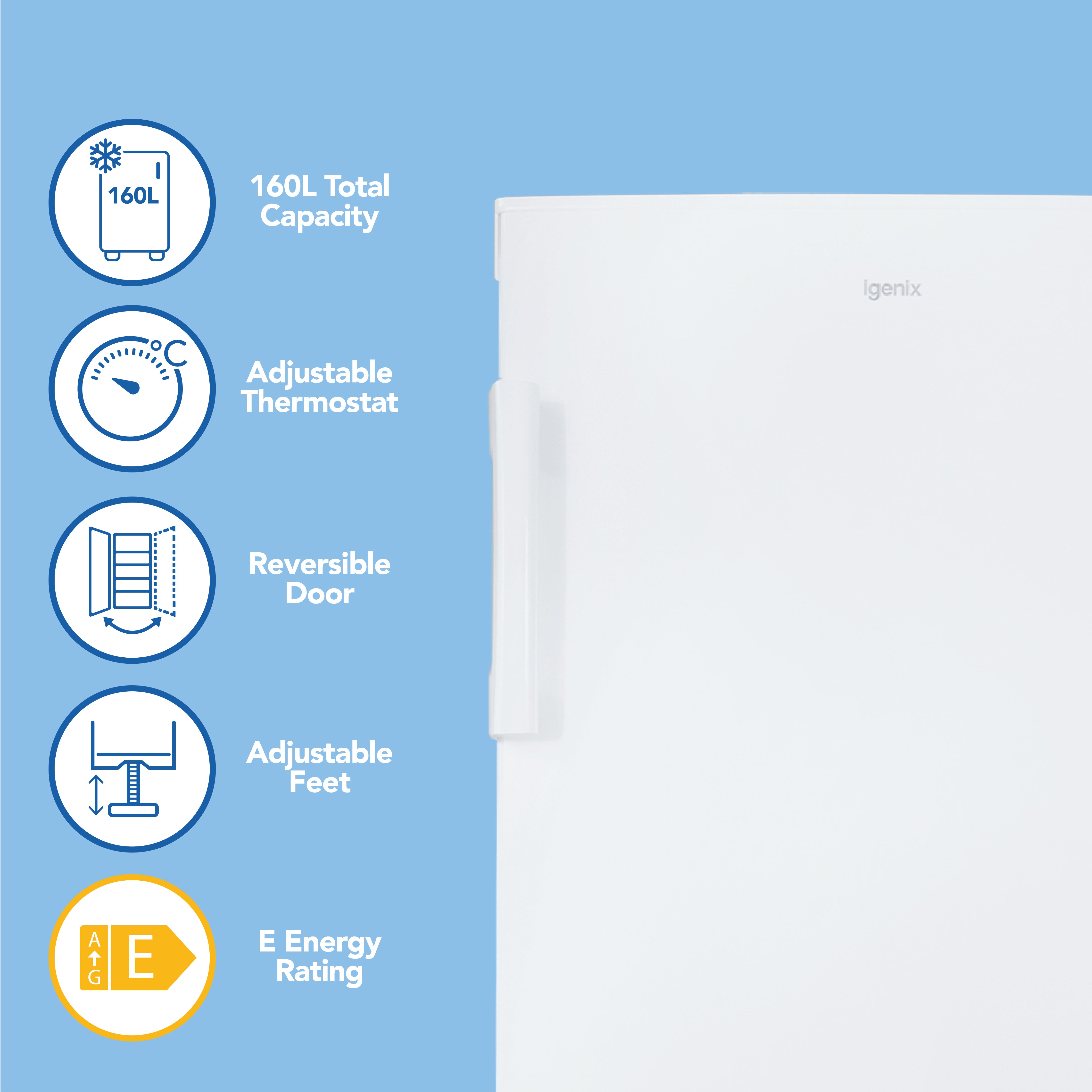 The Igenix Freestanding Tall Freezer (55cm wide, 160L) is shown on a blue background with icons highlighting its adjustable thermostat, reversible door, adjustable feet, and E energy rating for efficient performance.