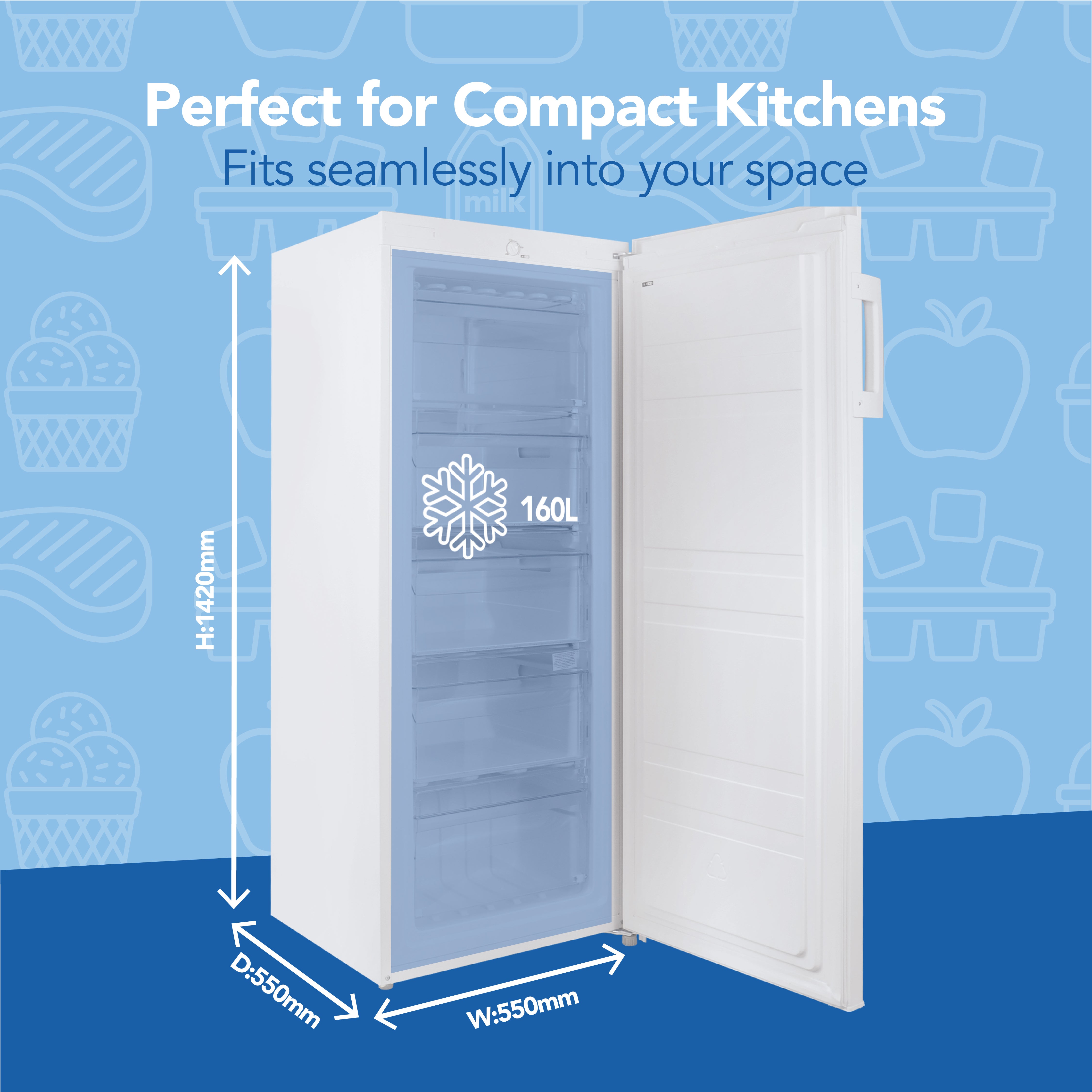 An open Igenix Freestanding Tall Freezer (55cm wide, 160L) displays interior shelves. Text: "Ideal for Compact Kitchens—fits your space perfectly." Dimensions: H1420mm x D550mm x W550mm.