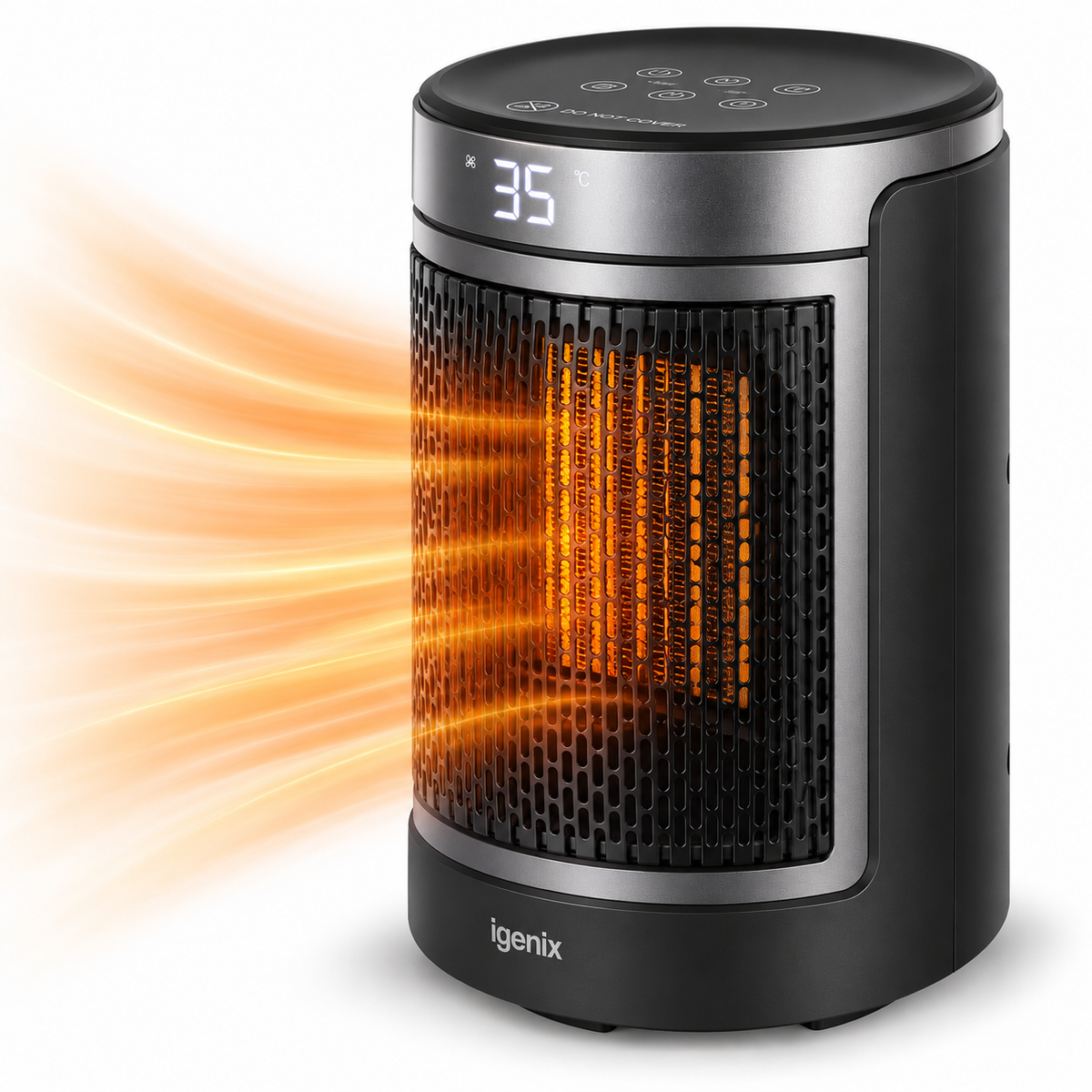Igenix Portable Tubular Desktop Fan Heater in black, featuring a digital display showing 35 degrees and emitting a glowing orange heat wave.