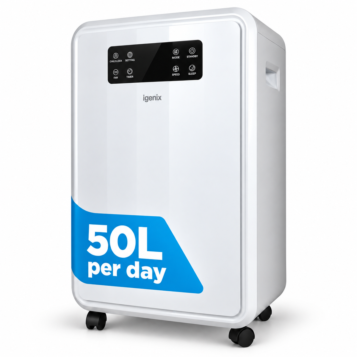 White Igenix Portable Dehumidifier, Extracts 50 Litres per Day, with a digital control panel and a blue graphic on the front indicating its moisture removal capacity.