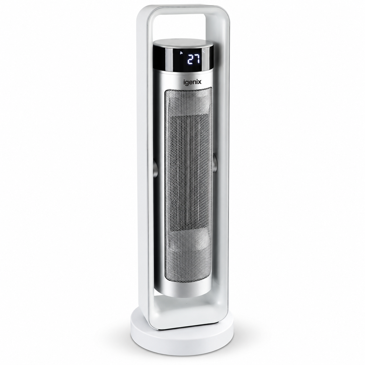 An Igenix 2200W Bi-Directional Tower Fan Heater in white and silver, featuring a digital temperature display on the front.