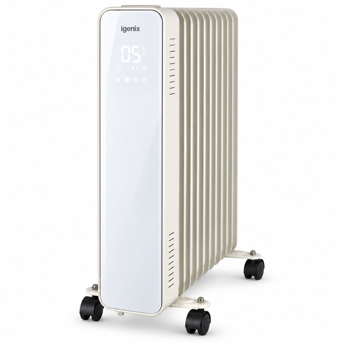White Igenix Smart Oil Filled Radiator, 2500W, 11 Fin, Portable Electric Heater with a digital display panel, remote control, and four caster wheels.