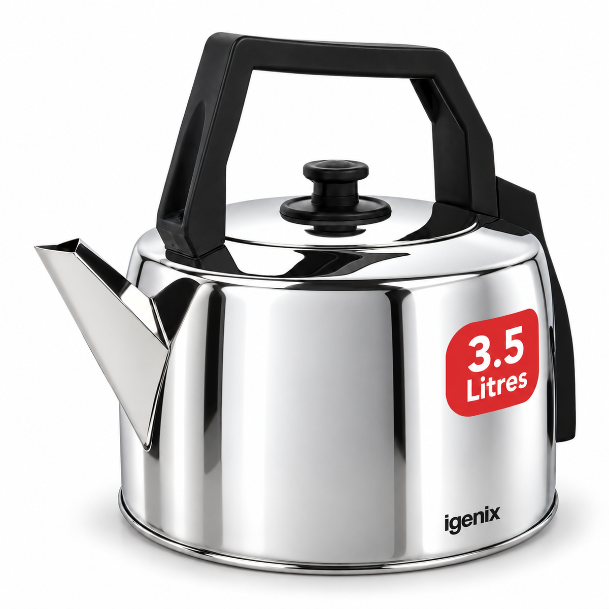 An Igenix Corded Catering Kettle, 3.5 Litre, 2200W, featuring a stainless steel finish, black handle, red capacity sticker, and a brand logo at the base.