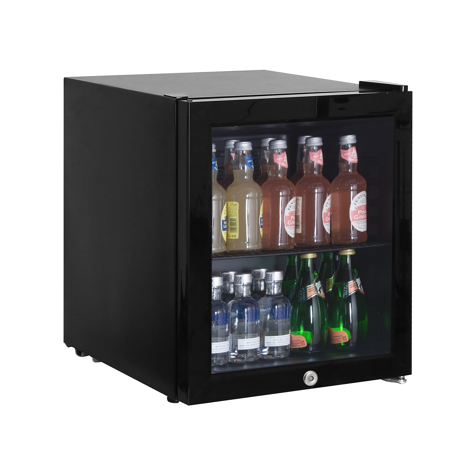 The Igenix Tabletop Drinks Fridge, 48 Litre, Black features a glass door and two shelves to neatly display bottled drinks—ideal for home or office use.