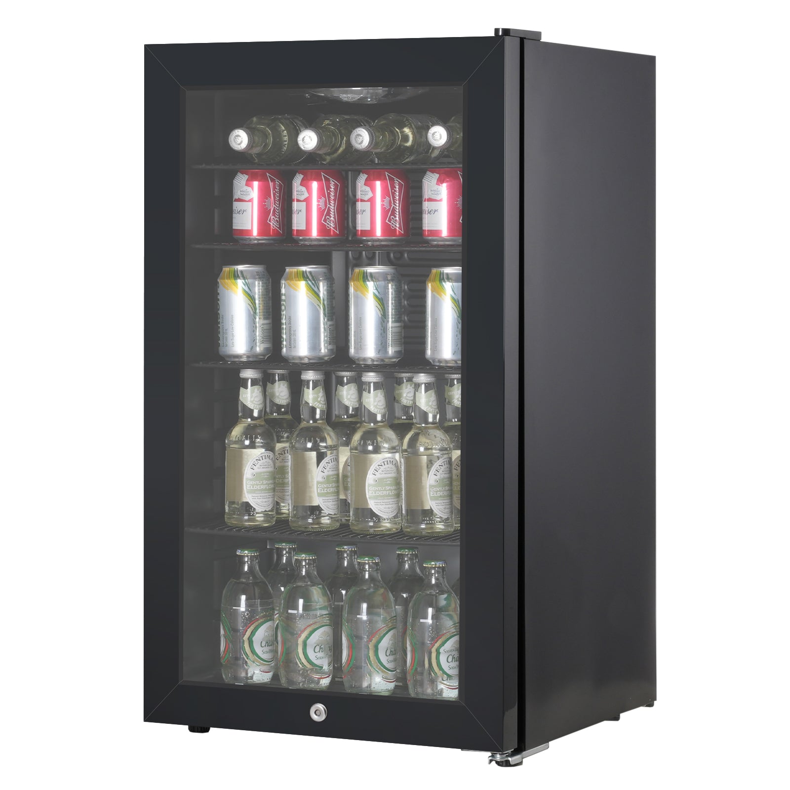 The Igenix Under Counter Drinks Fridge, 98 Litre, in sleek black features a glass door and multiple shelves neatly stocked with cans and bottles—ideal for soda, beer, or water. Perfect for stylish under counter beverage storage.