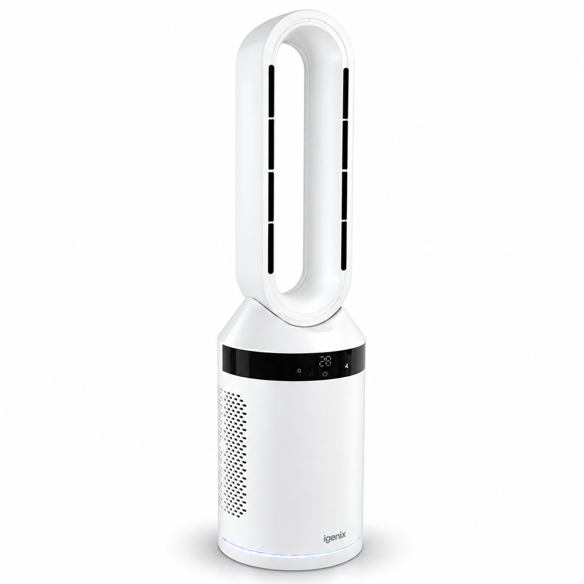 Igenix 2000W Bladeless 2-in-1 Fan Heater in white, featuring a tower-style design, a digital display, and touch controls on the base.