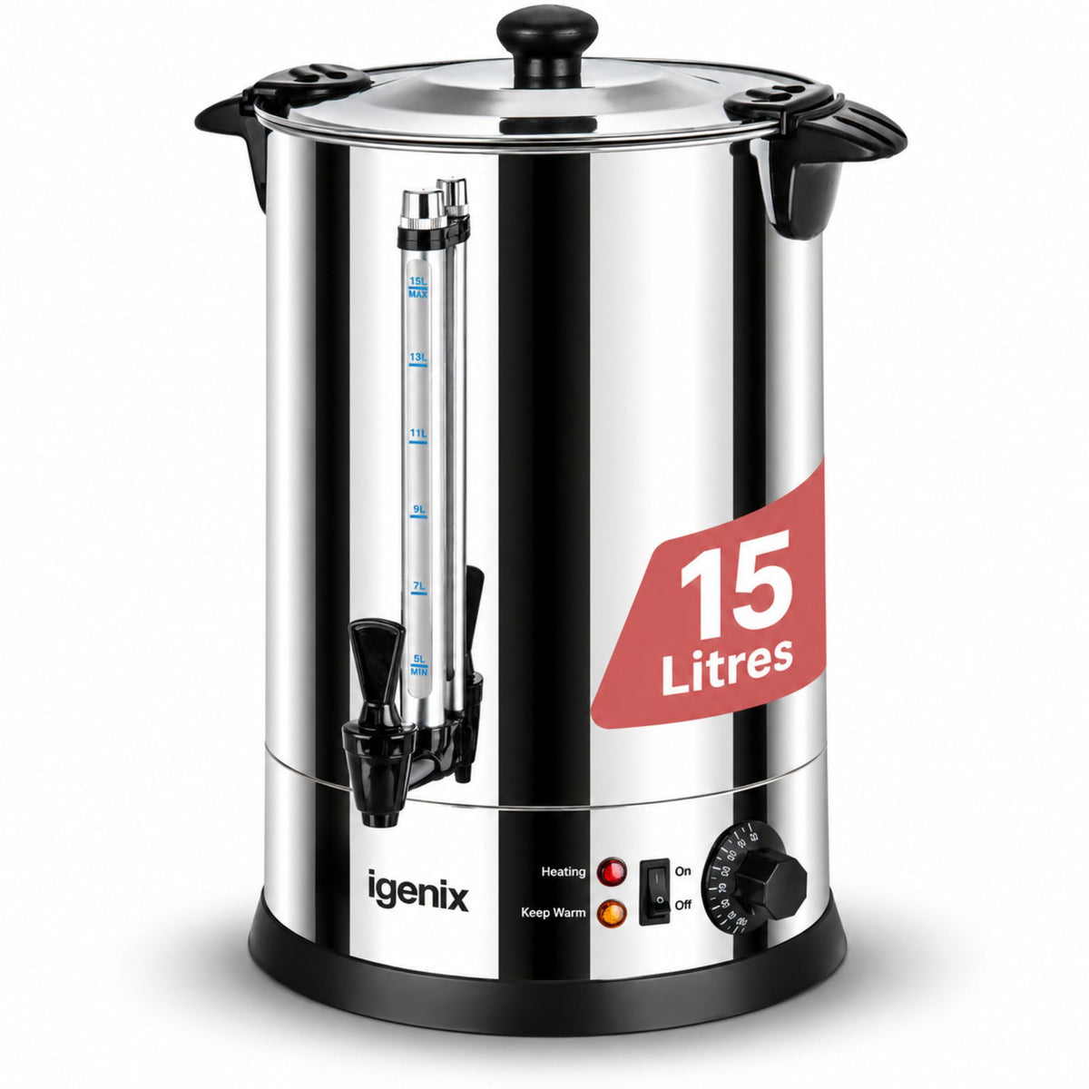 An Igenix 15 Litre Catering Urn, Hot Water Boiler made of stainless steel, featuring a sight glass, dispensing tap, and a control panel with an adjustable thermostat and status indicators.