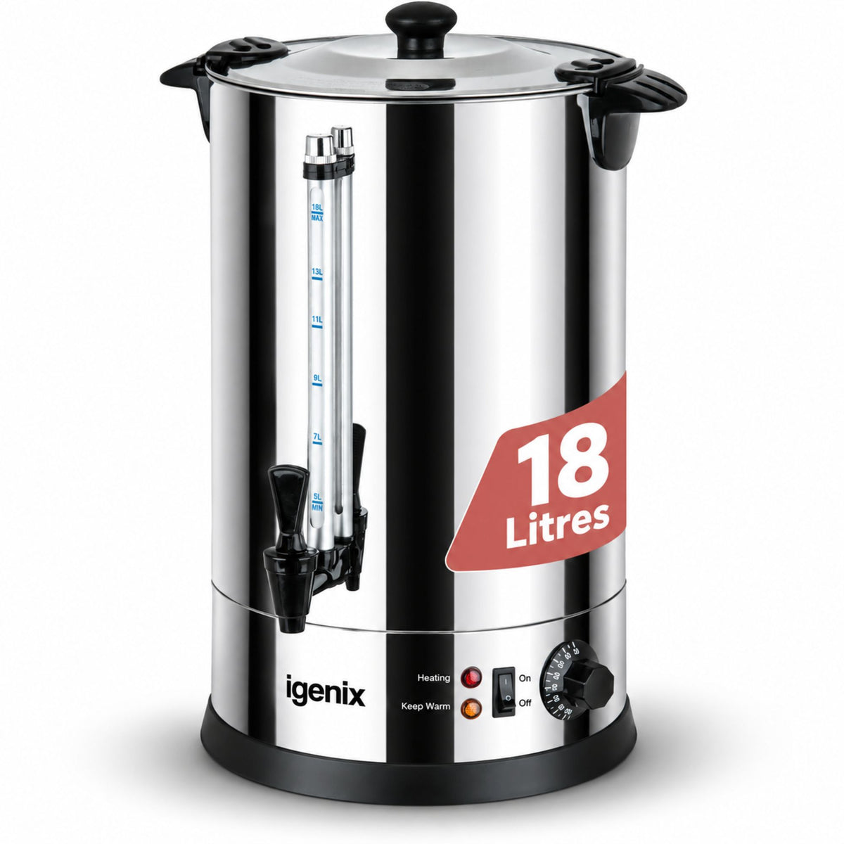 Igenix 18 Litre Catering Urn, Hot Water Boiler, Stainless Steel with a water level gauge, a tap, and an 18-litre capacity label.