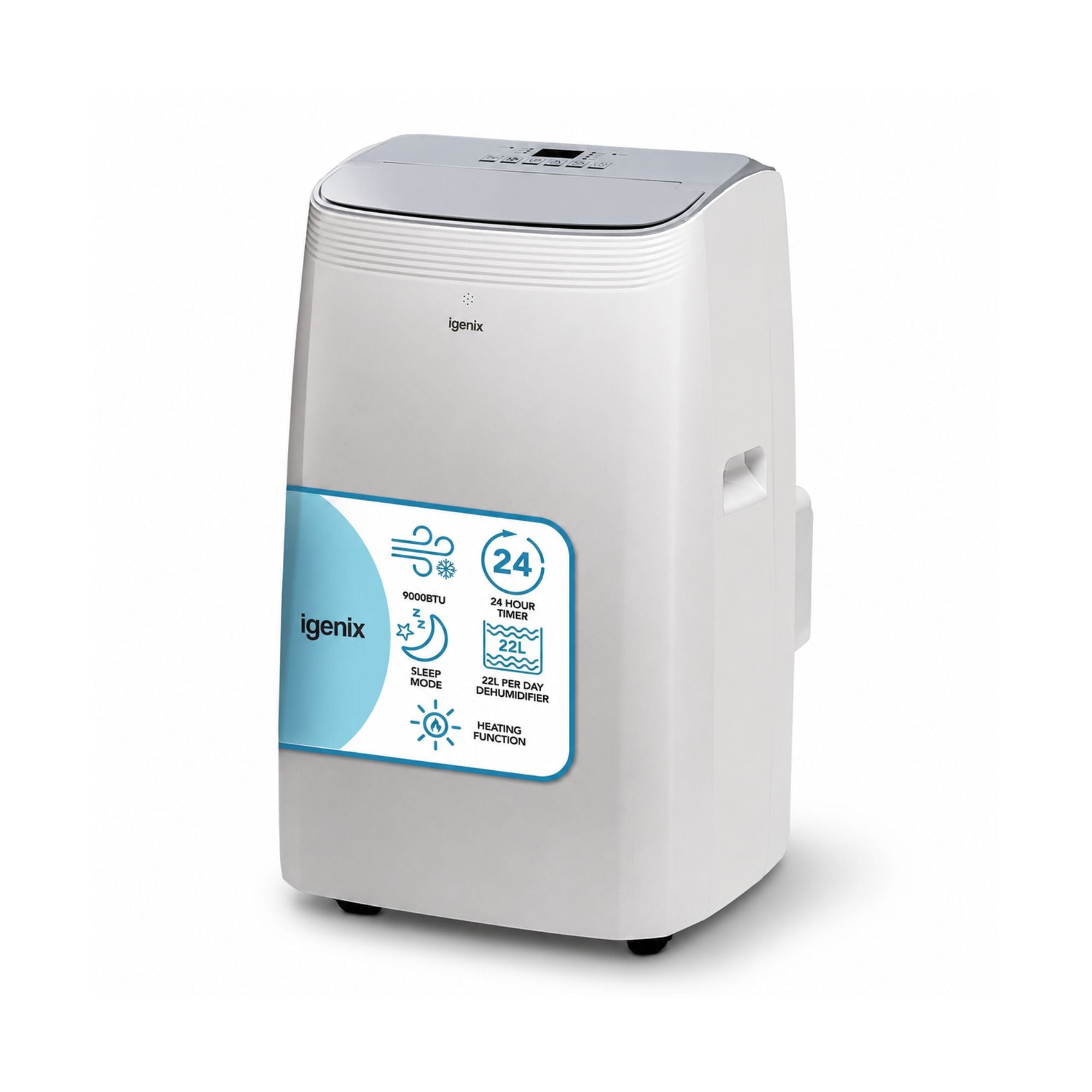 The Igenix 4-in-1 Air Conditioner (9000 BTU) features cooling, fan, and dehumidifier modes, a digital display with control buttons on top, side handles, a 24-hour timer, sleep mode, and energy rated A efficiency.