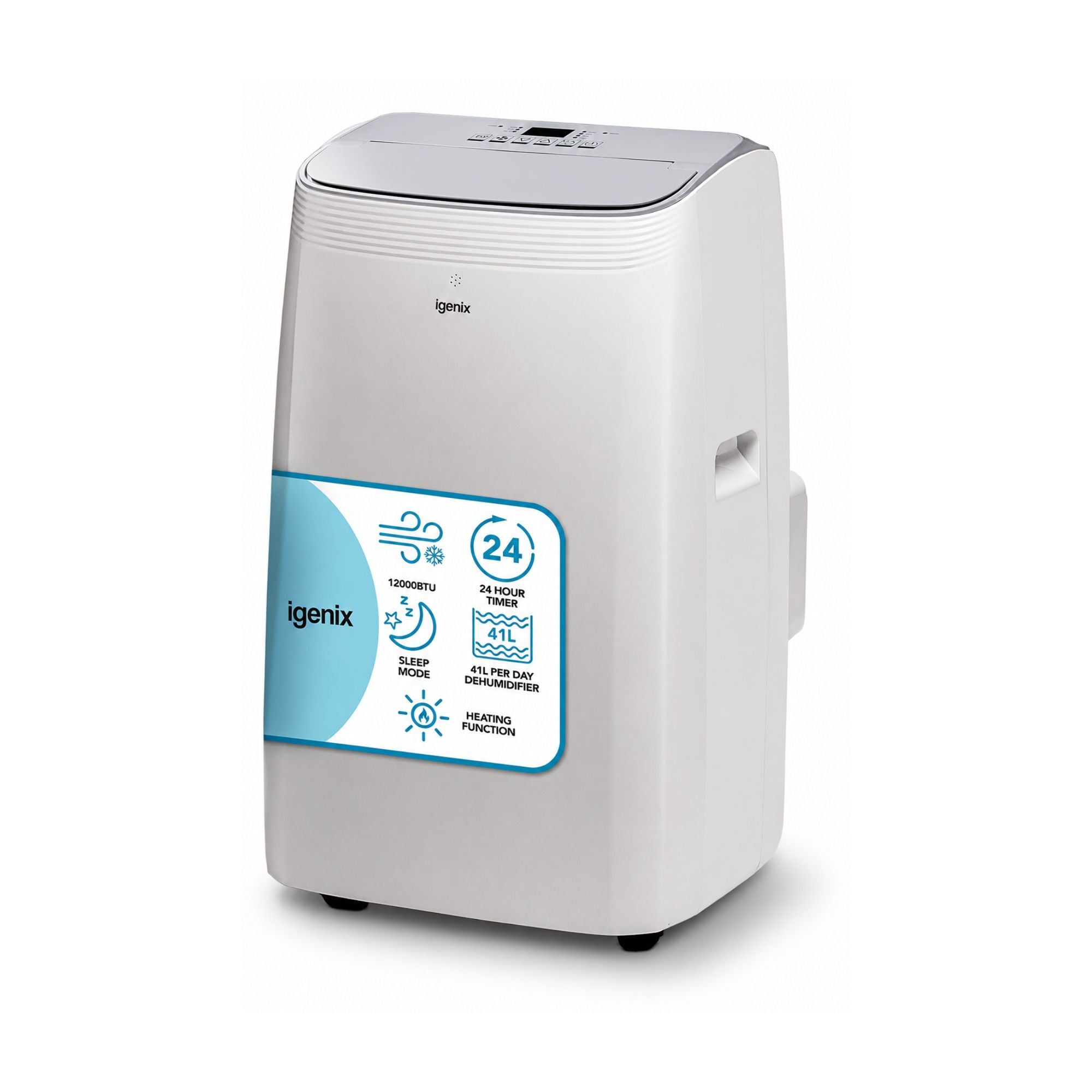 The Igenix 4-in-1 Portable Air Conditioner offers 12000 BTU cooling, heating, and dehumidifier functions, with a digital top display, adjustable airflow, 24-hour timer, sleep mode, and 3 fan speeds.