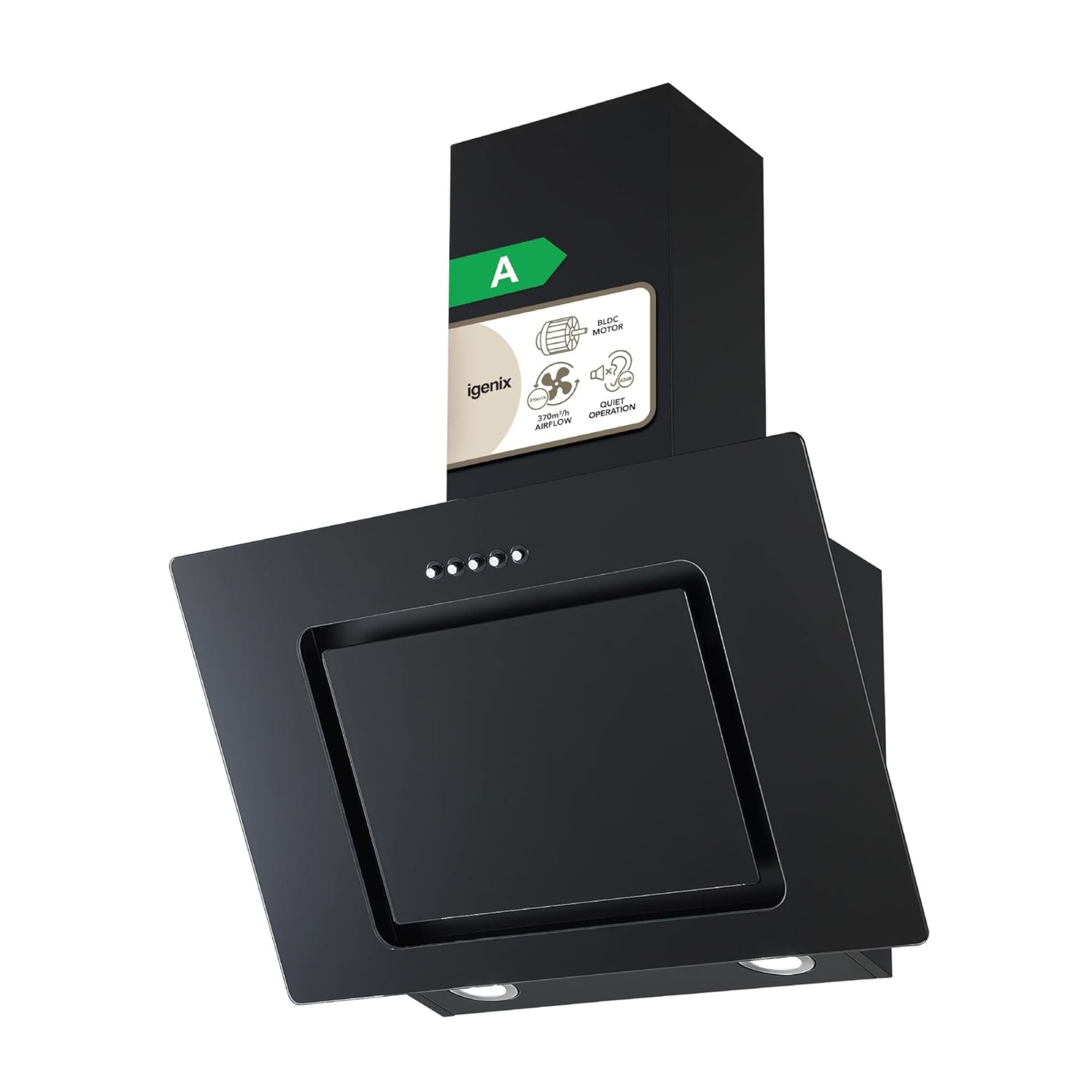 The Igenix 60CM Chimney Cooker Hood in black features control buttons, two LED lights underneath, a quiet brushless DC motor, and boasts an A energy efficiency label on the top section.