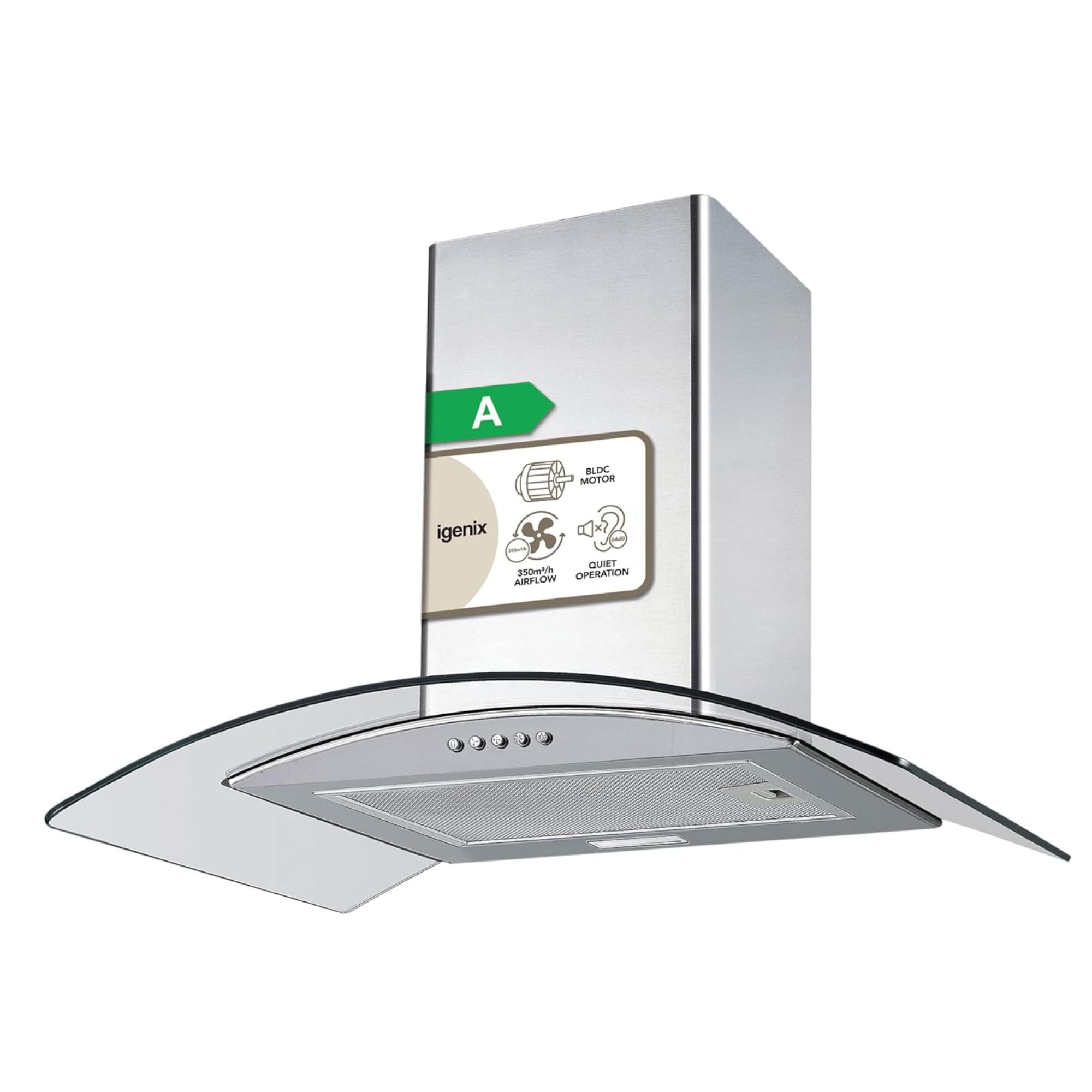 The Igenix 60CM Curved Glass Chimney Cooker Hood in stainless steel offers easy front controls and an A energy rating, making it a stylish and efficient kitchen extractor fan for your home.