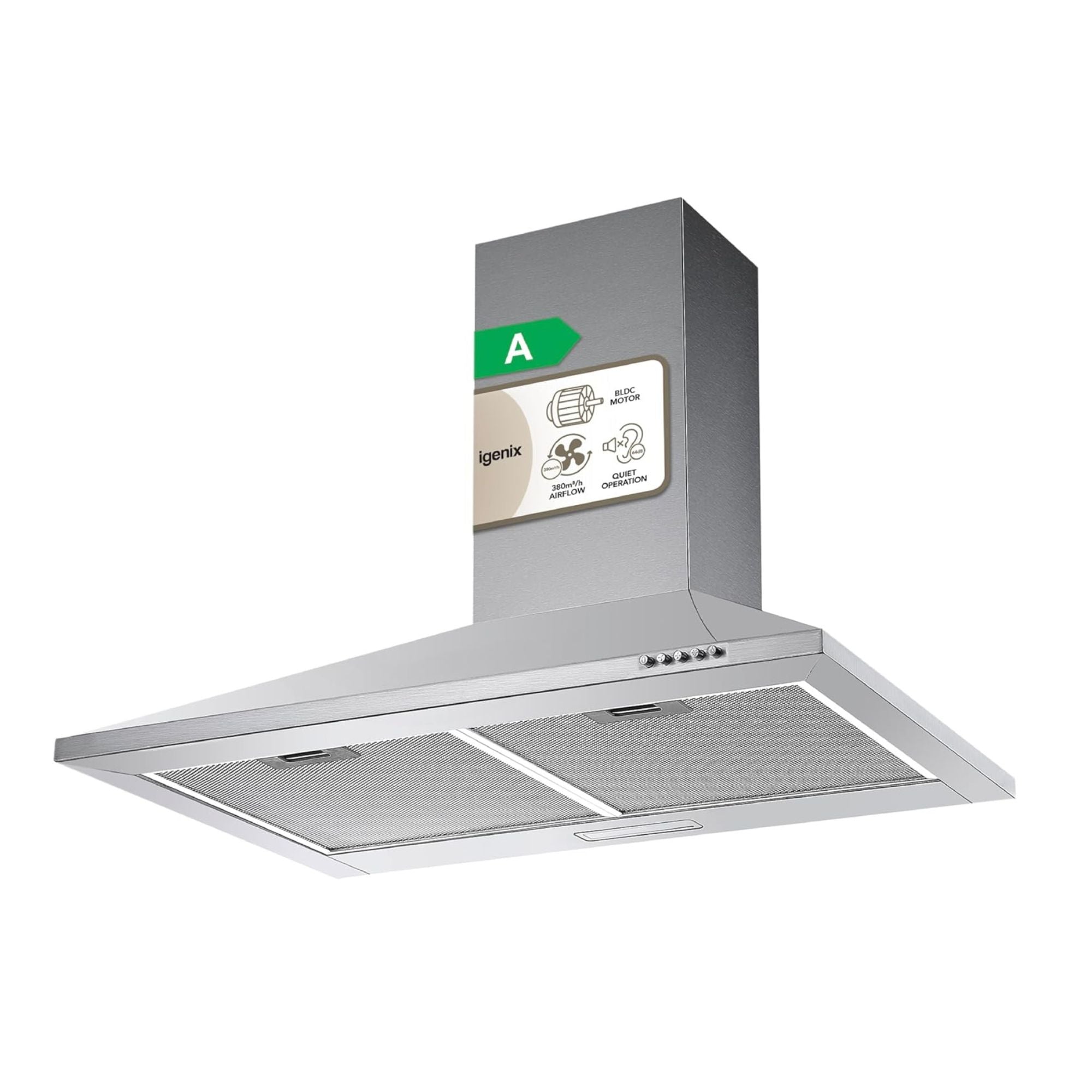The Igenix 60CM Chimney Cooker Hood in stainless steel features mesh filters, an A energy rating label, and easy-to-use control buttons on the lower right for convenient operation.