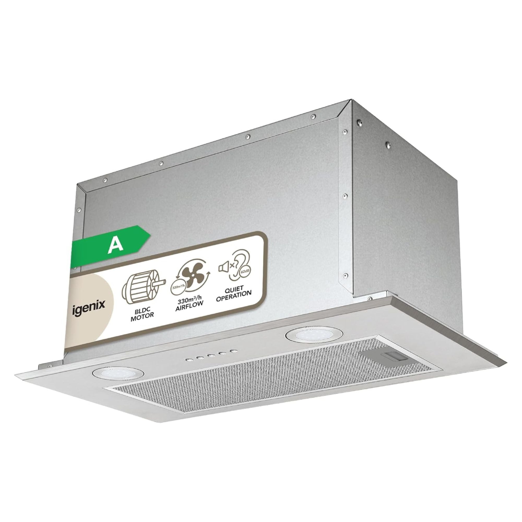 The Igenix 52cm 37W Canopy Cooker Hood in stainless steel features an energy-efficient BLDC motor, A rating, button controls, mesh filter, two lights, 320 m³/h airflow, and quiet operation—ideal as a kitchen extractor fan.