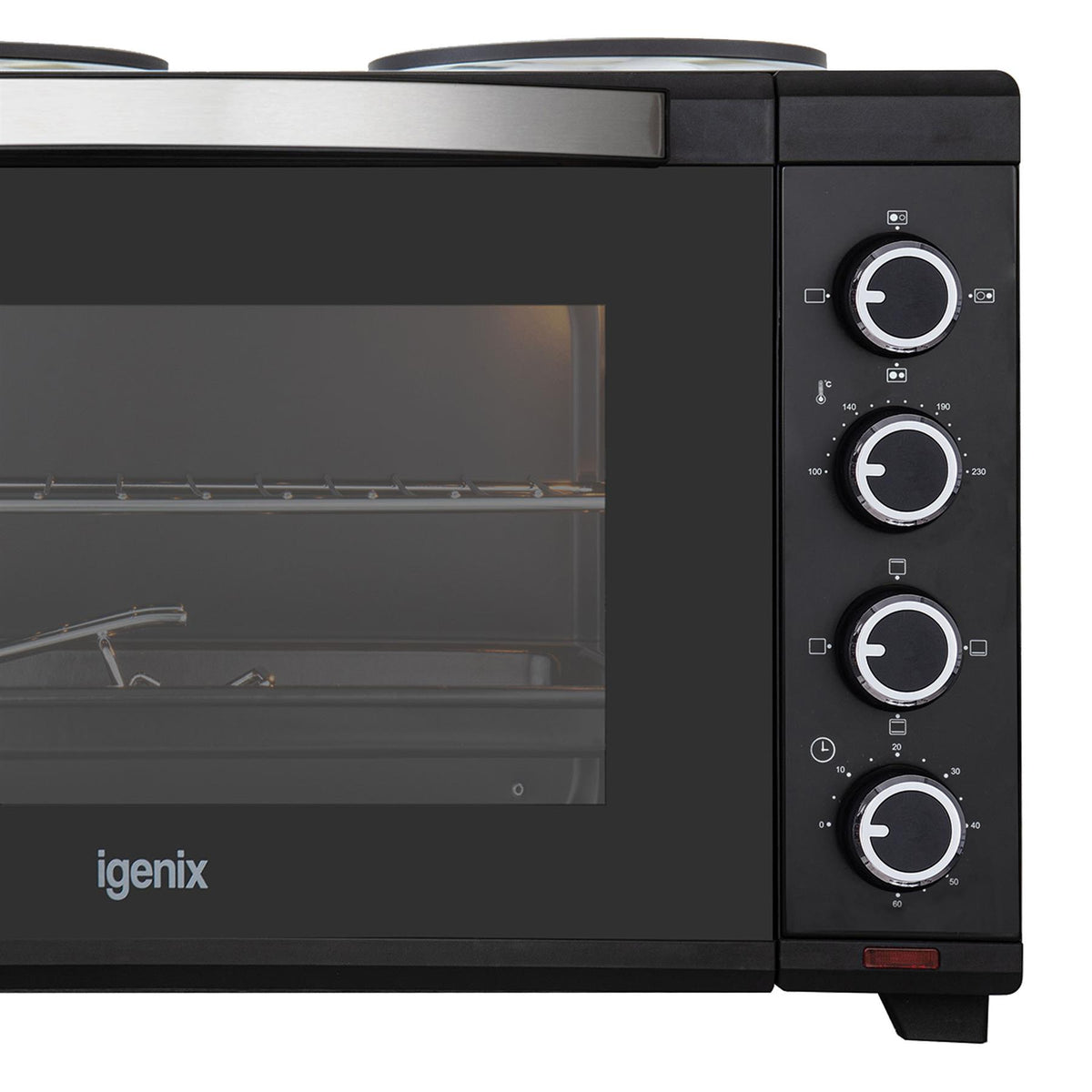 Black 48L Mini Oven with Hotplates by Igenix, featuring a glass door and four control knobs on the right panel for the double hotplates, temperature, heating elements, and timer.