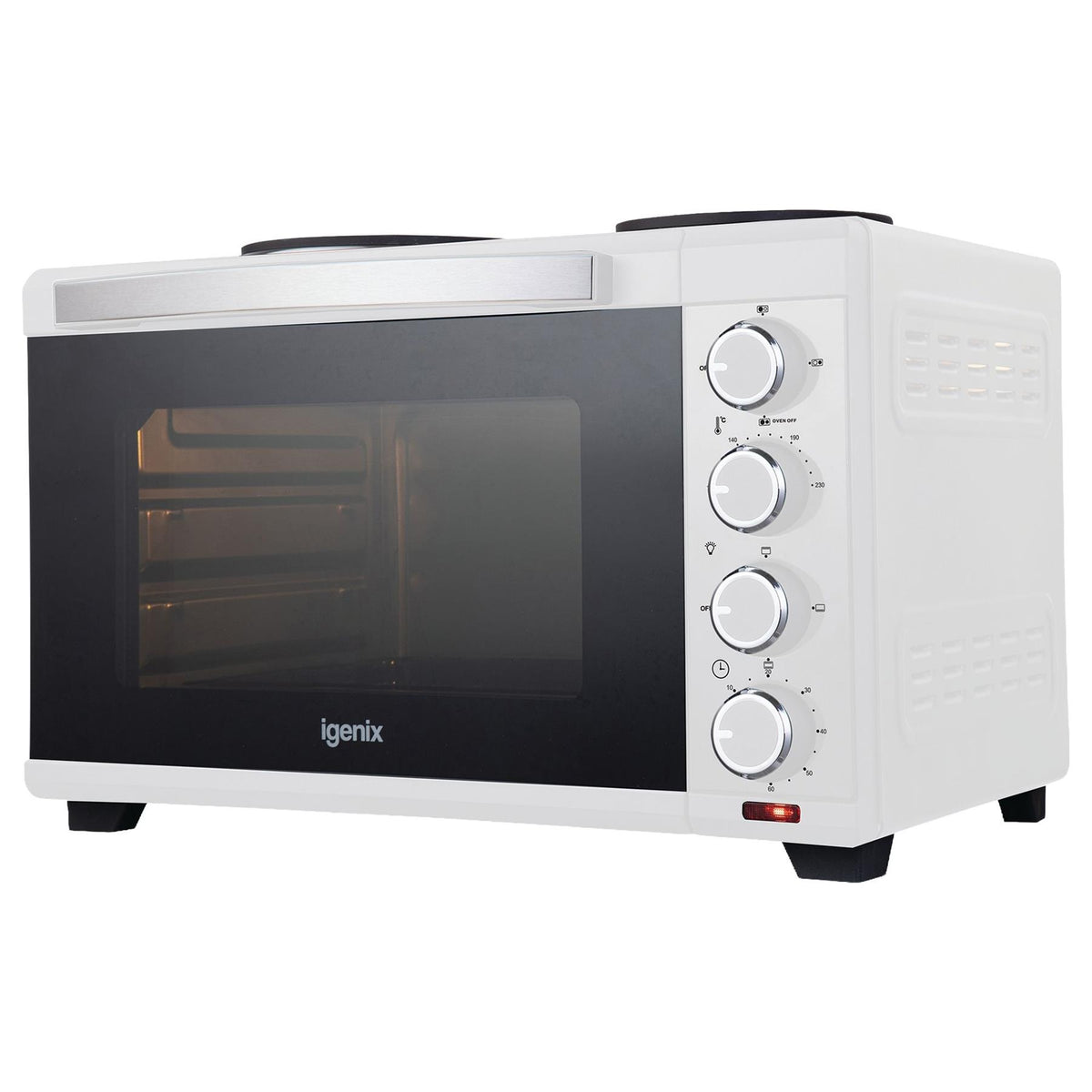 Igenix 48L Mini Oven with Hotplates in white, featuring double hotplates and four side-mounted control knobs.