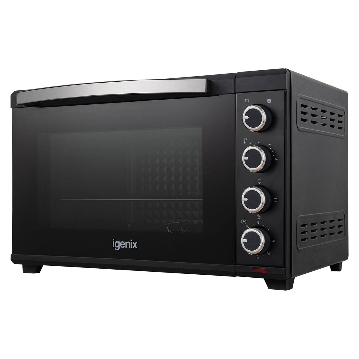 Black Igenix 60L Mini Oven with a glass door, a silver handle, and four control dials on the right side.